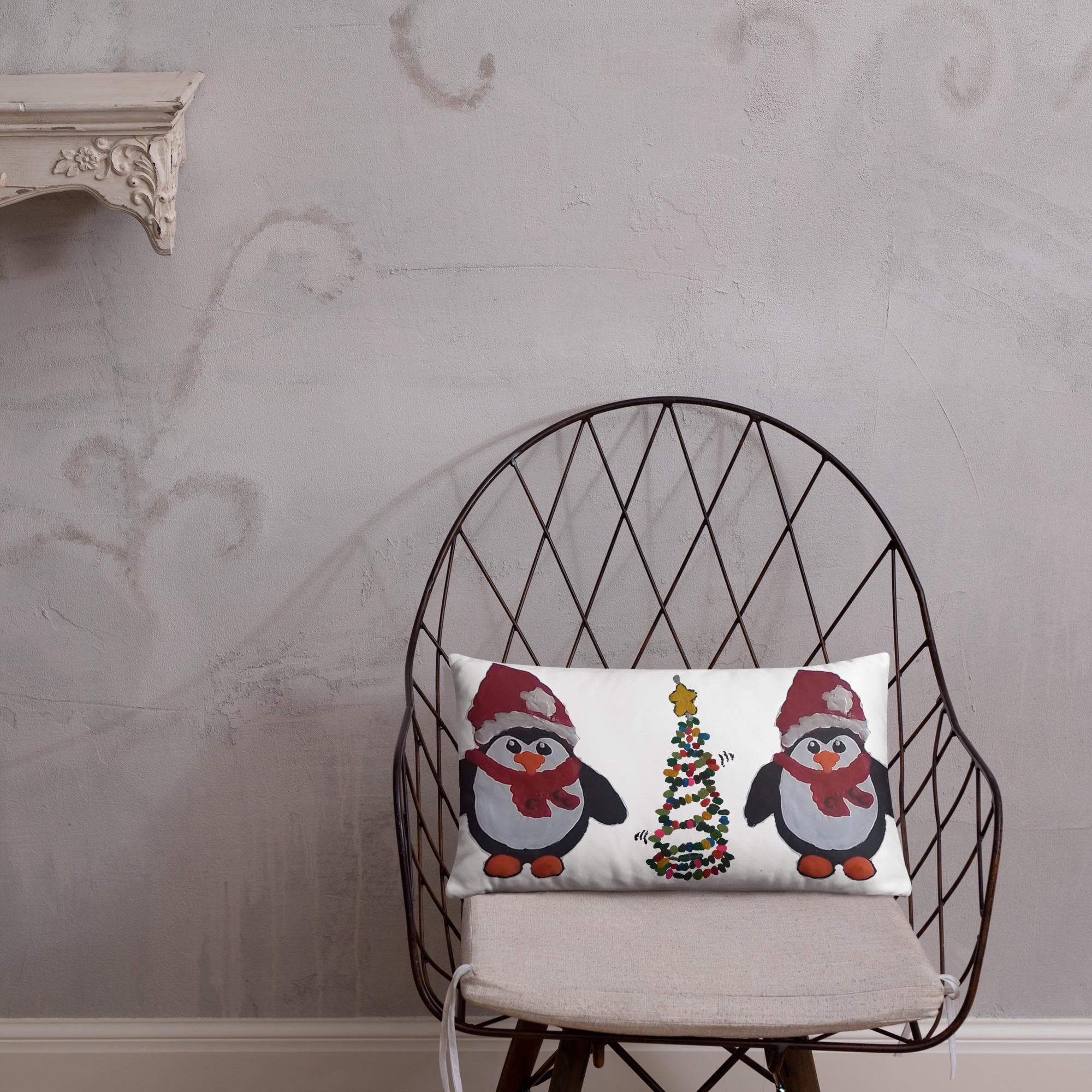 Christmas Penguin Throw Pillow, Holiday Decor, Festive Lumbar Pillow