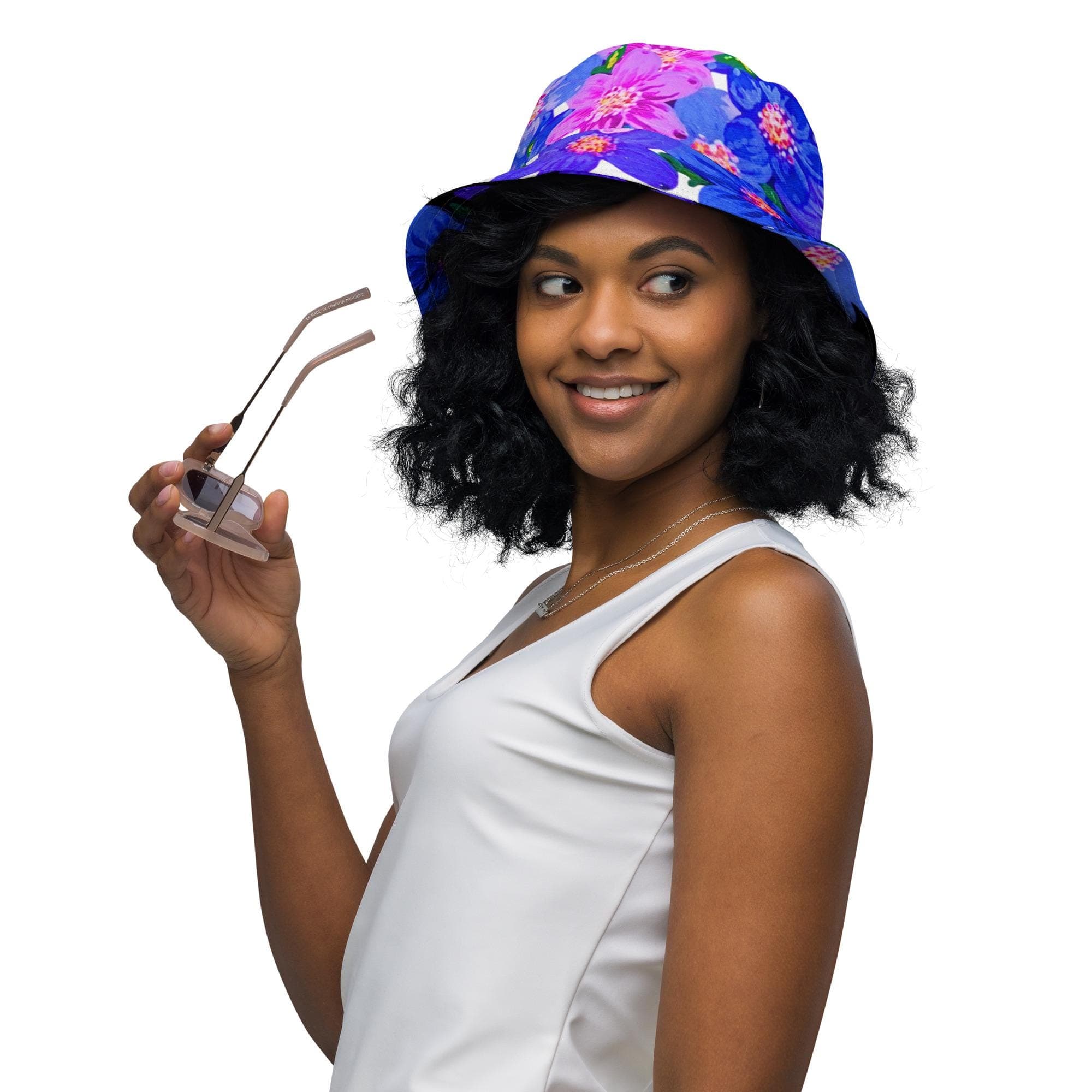 Blue Floral Reversible Bucket Hat: Wide Brim Polyester Cloche