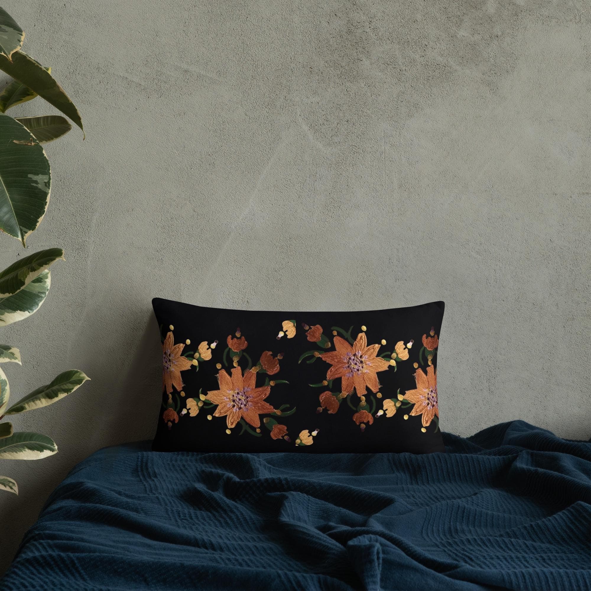 Gold Flower on Black Pillow, Festive Lumbar Pillow, Classic Throw Pillow