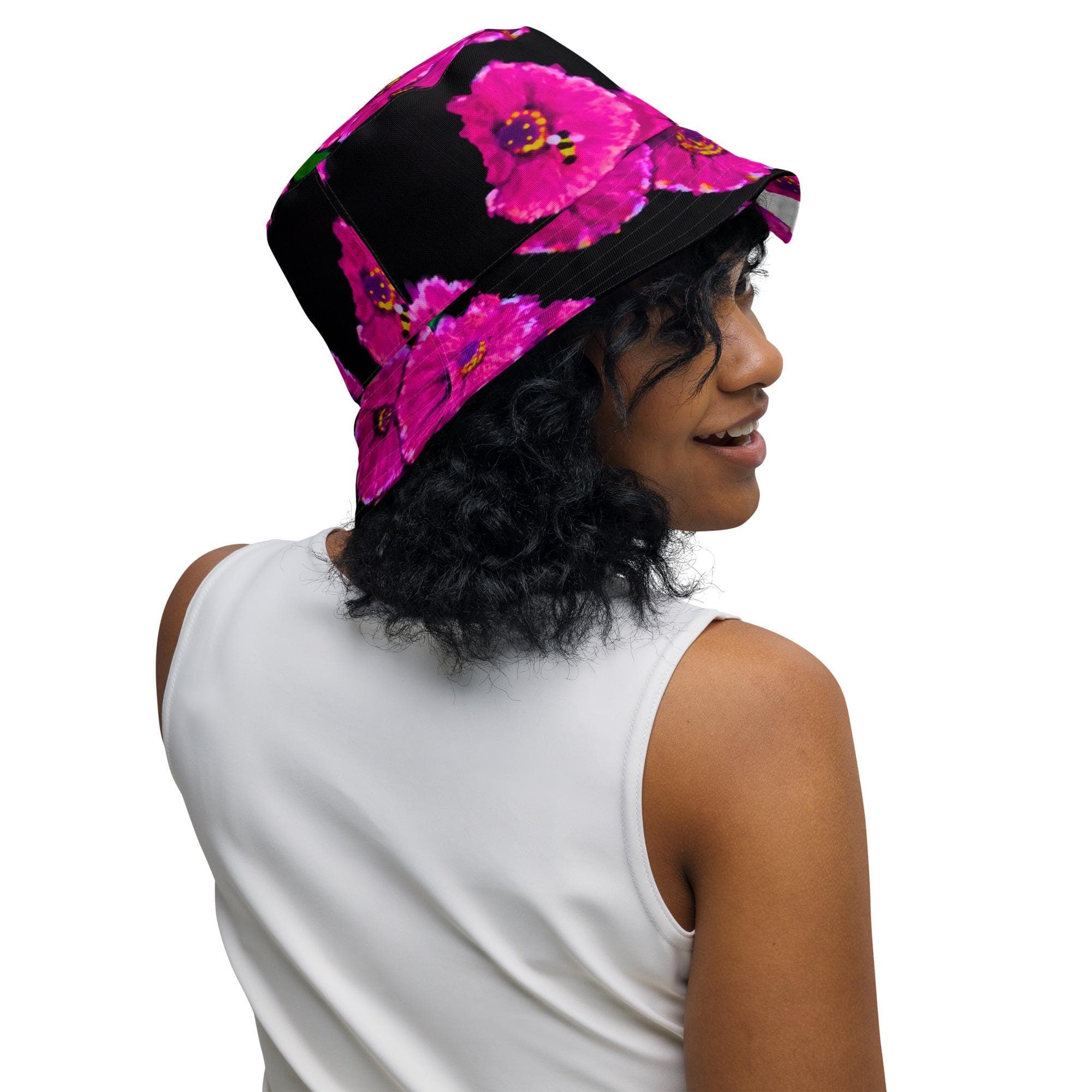 Bright Pink Flower Reversible Bucket Hat, Wide Brim Black Bucket Hat, Cool Gardening Hat