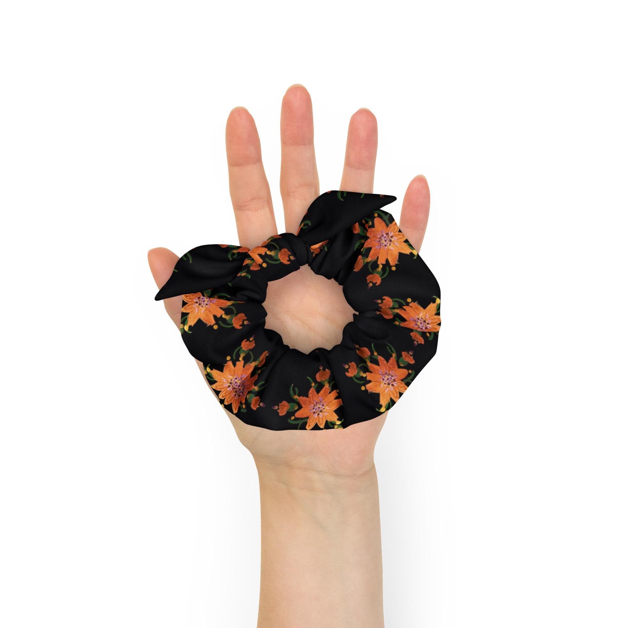 Floral Recycled Polyester Scrunchie: Shimmering Gold Ponytail Holder