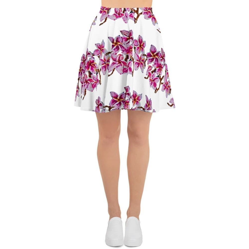 Cherry Blossom Flared Skirt: Floral Print Elastic Waist