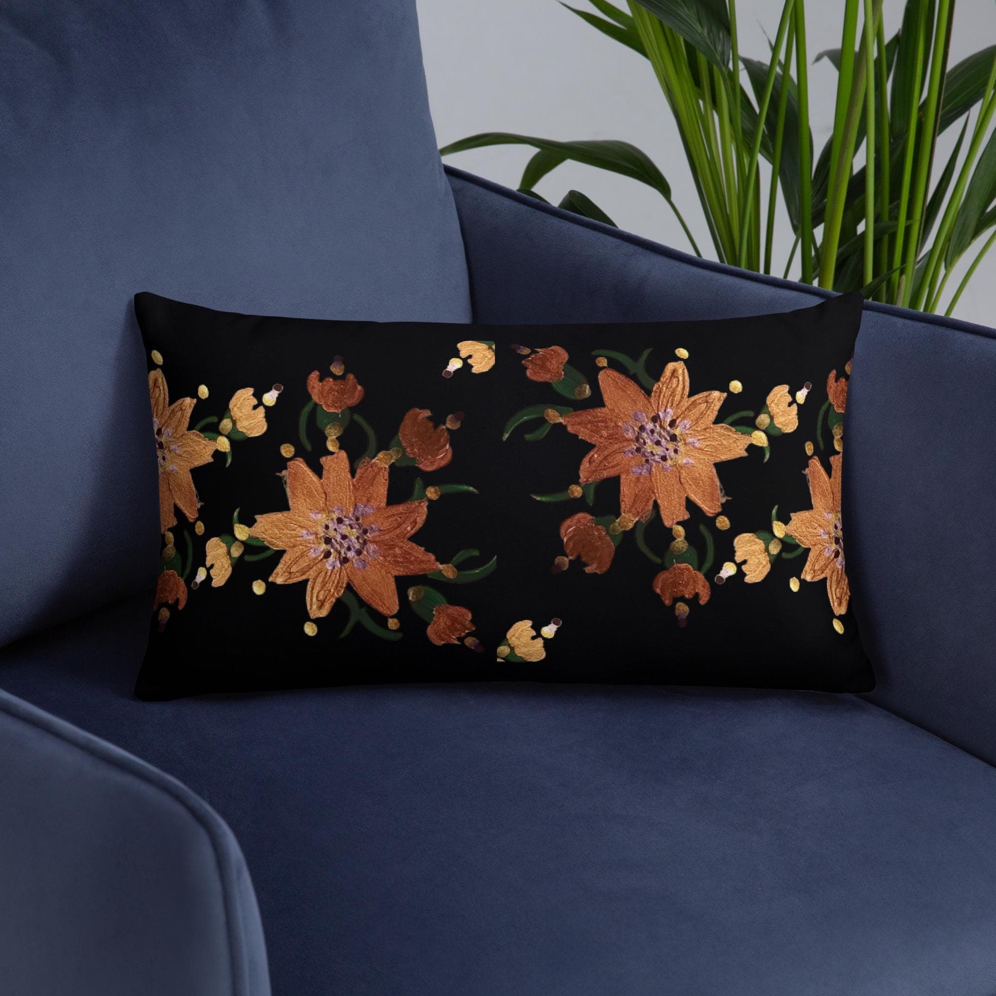 Gold Flower on Black Pillow, Festive Lumbar Pillow, Classic Throw Pillow
