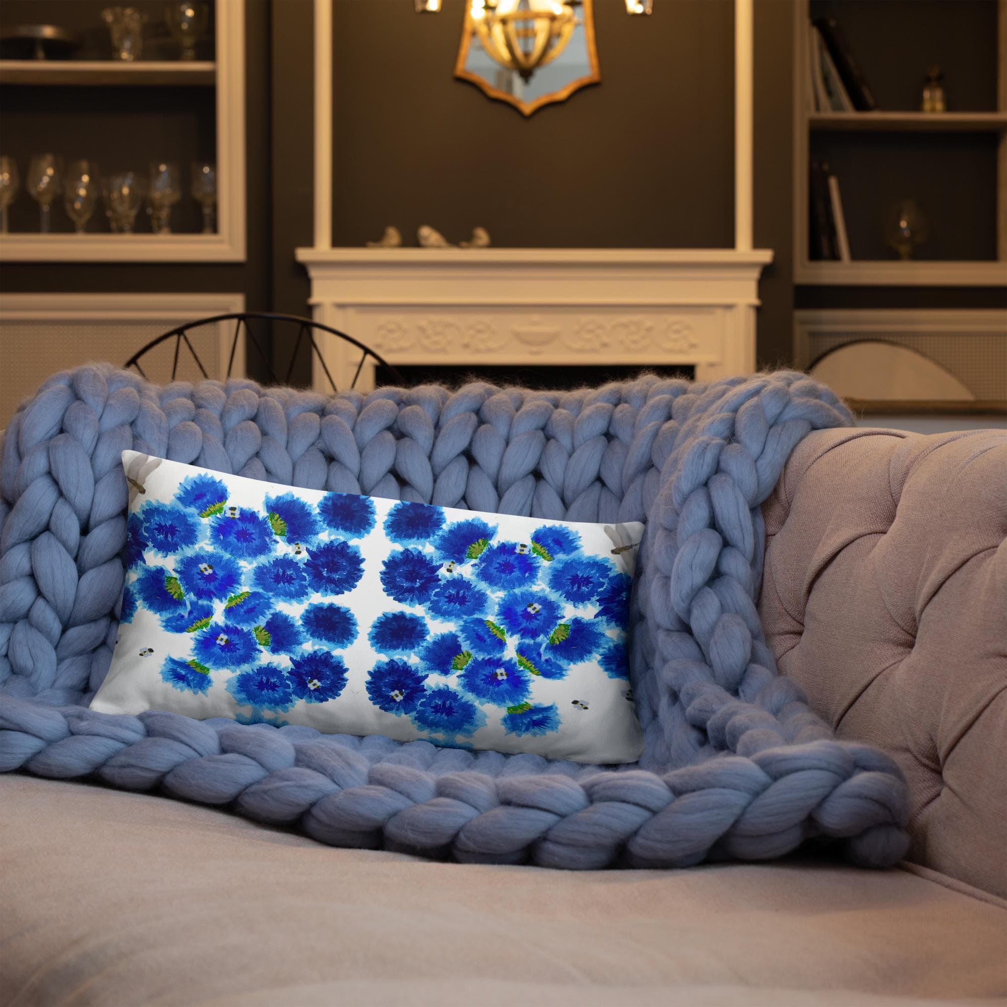 Bachelors Buttons Blue Lumbar Pillow, Small Back Support Pillow, Rectangular Botanical Pillow, Modern Throw Pillow