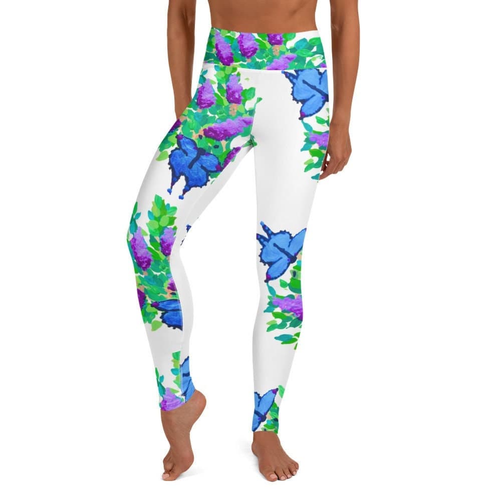 Blue Butterfly Floral Yoga Leggings: High Waist Spandex Workout