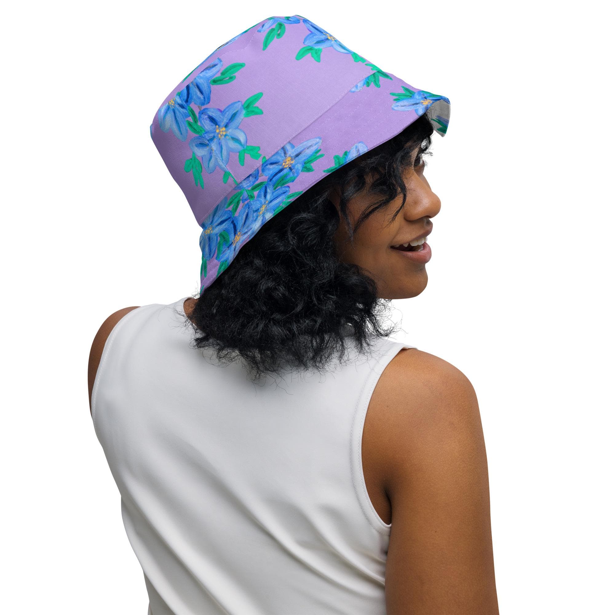 Forget Me Not Botanical Print Bucket Hat: Reversible Linen Feel Sun Hat