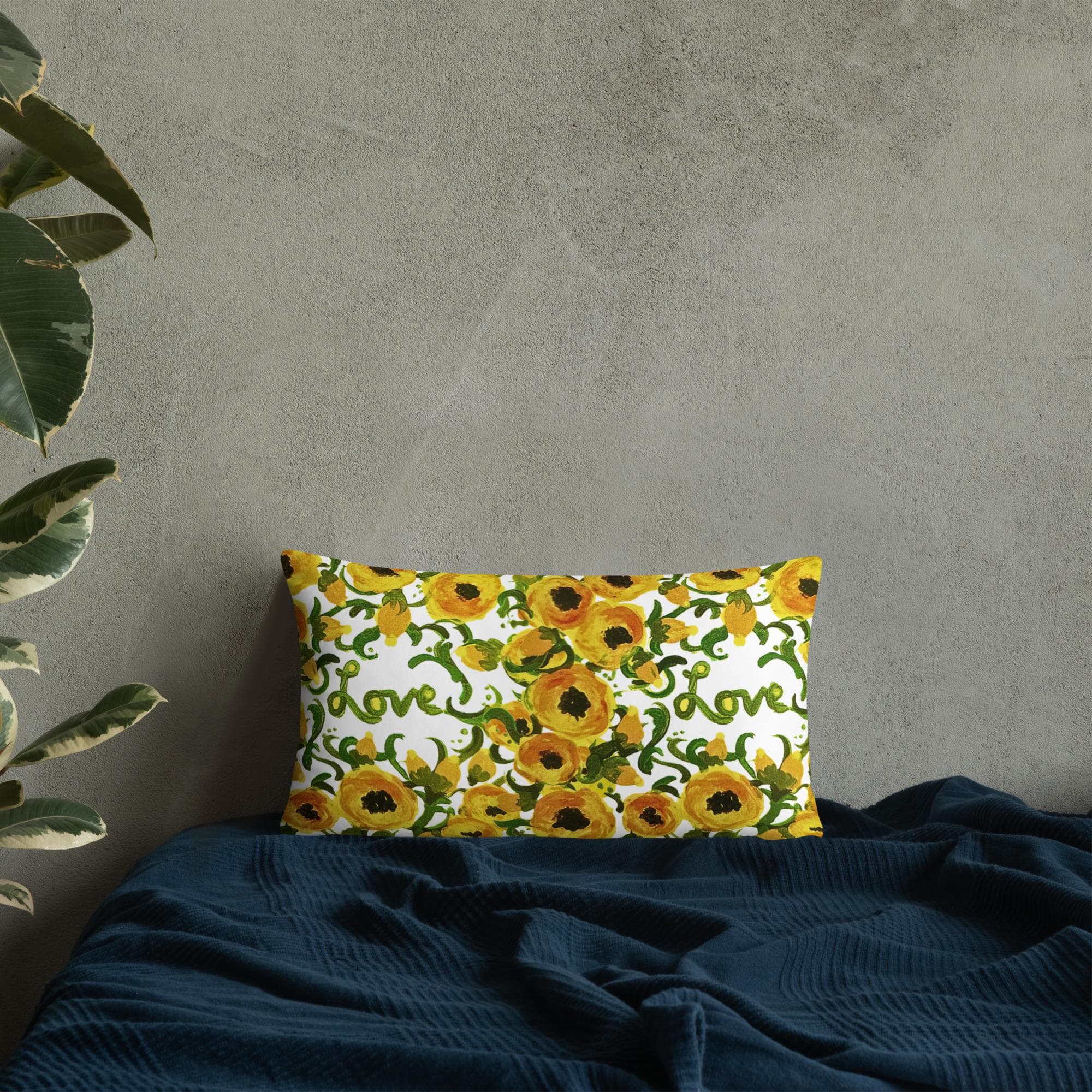 Yellow Love Lumbar Pillow, Small Bolster Pillow, Whimsical Spring Pillow, Rectangular Throw Pillow