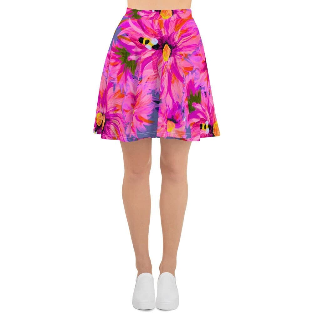 Pink Floral Skater Skirt: Ruffle Pleated Elastic Waist