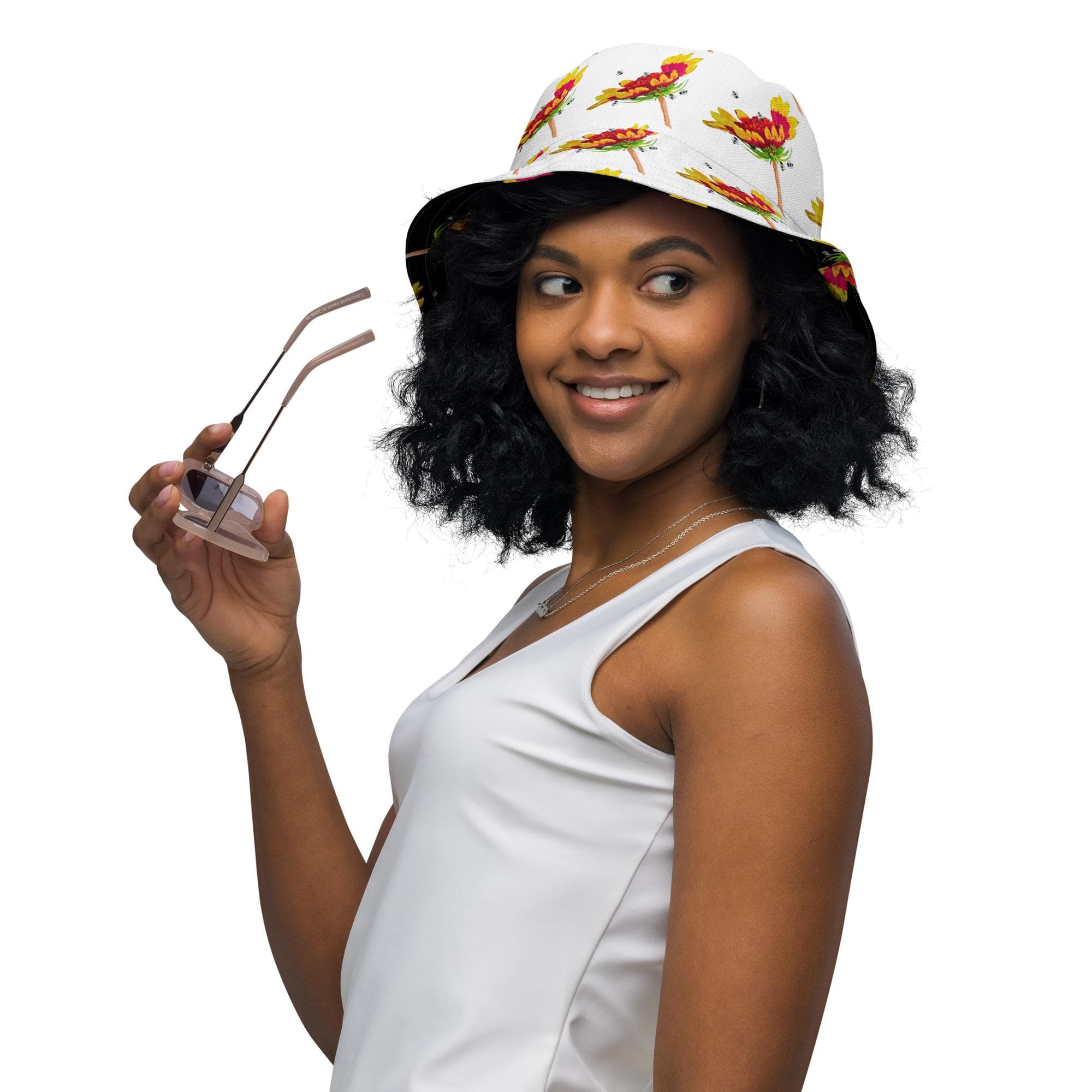 Reversible Flower Power Bucket Hat: Wide Brim Black Ruffle - 100% Polyester