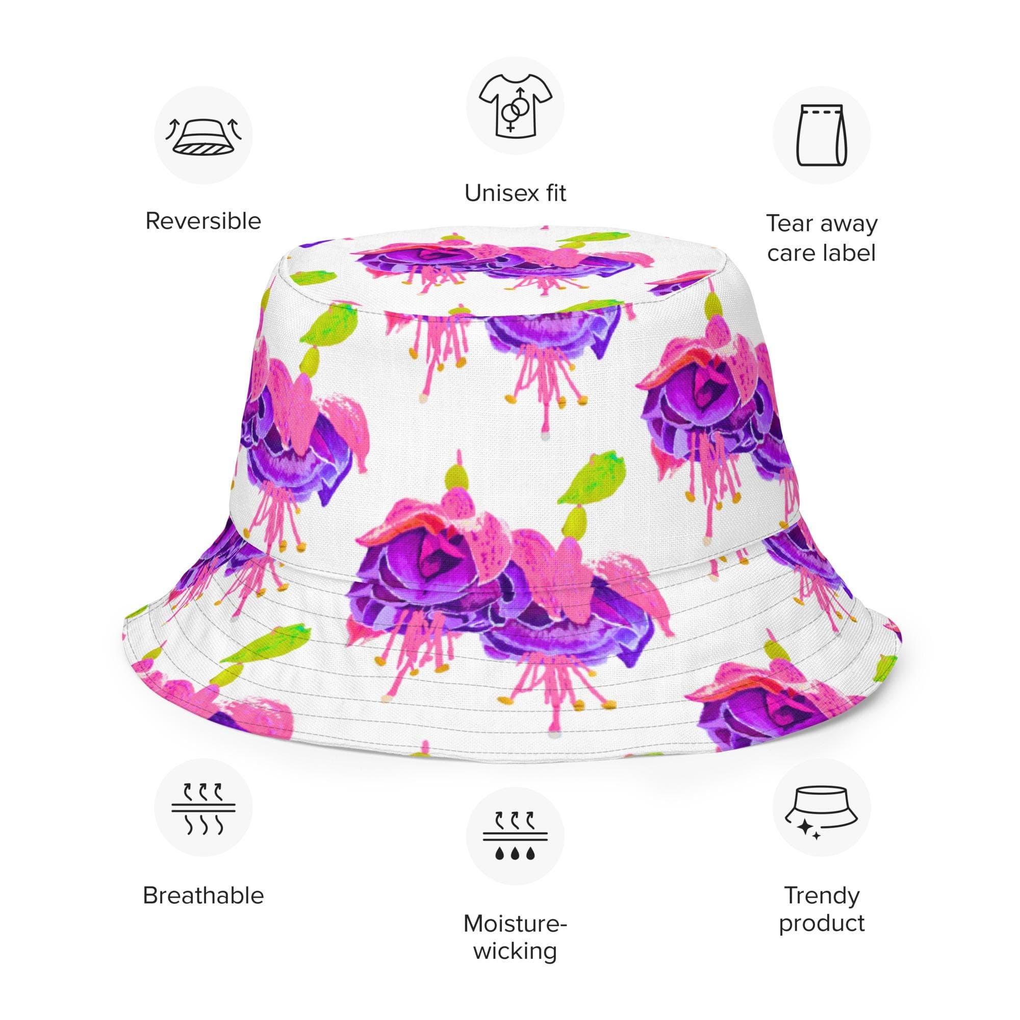Fuchsia Flower Gardening Bucket Hat, Reversible Design Wide Brim Hat, Colorful Casual Everyday Wear, Hiking Hat