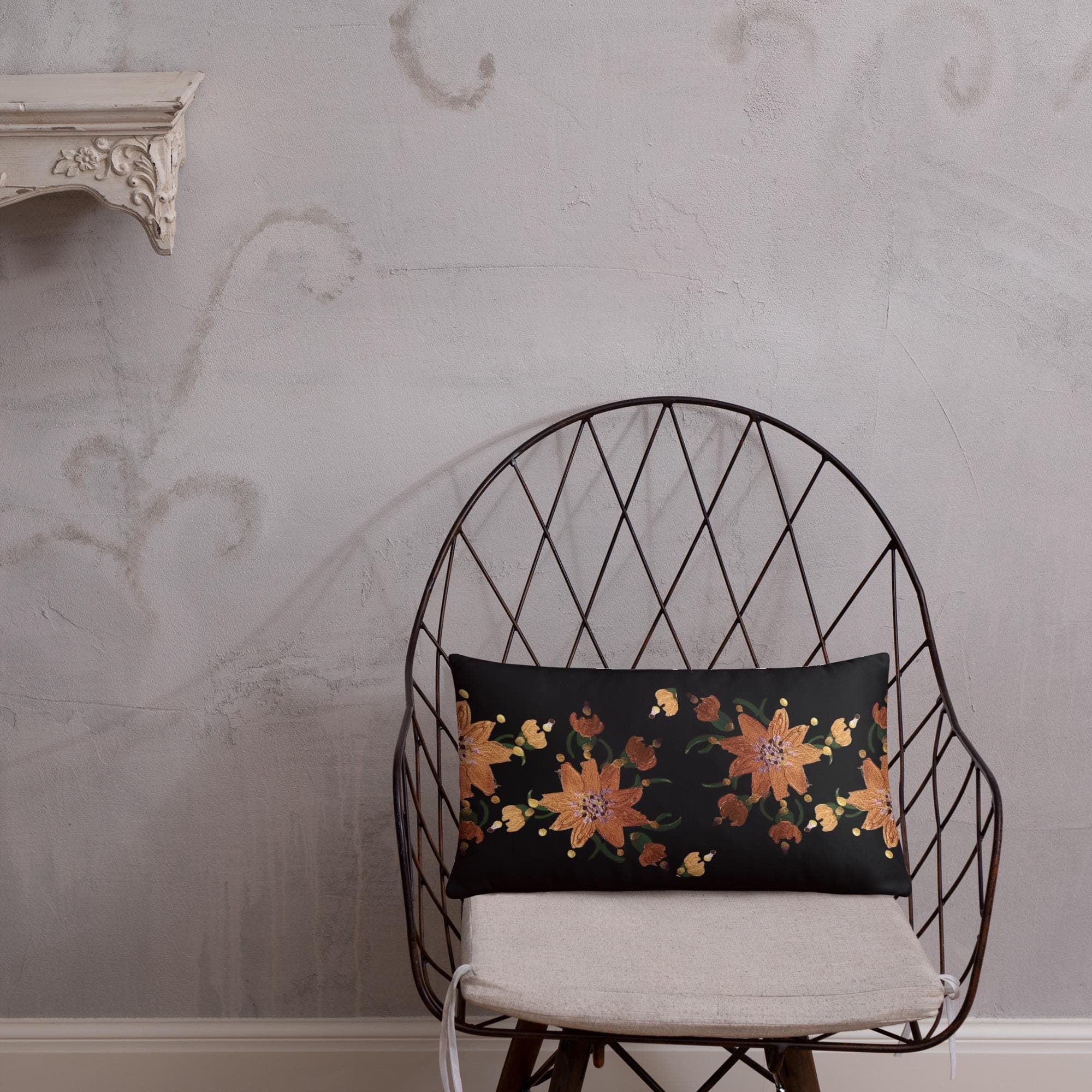 Gold Flower on Black Pillow, Festive Lumbar Pillow, Classic Throw Pillow