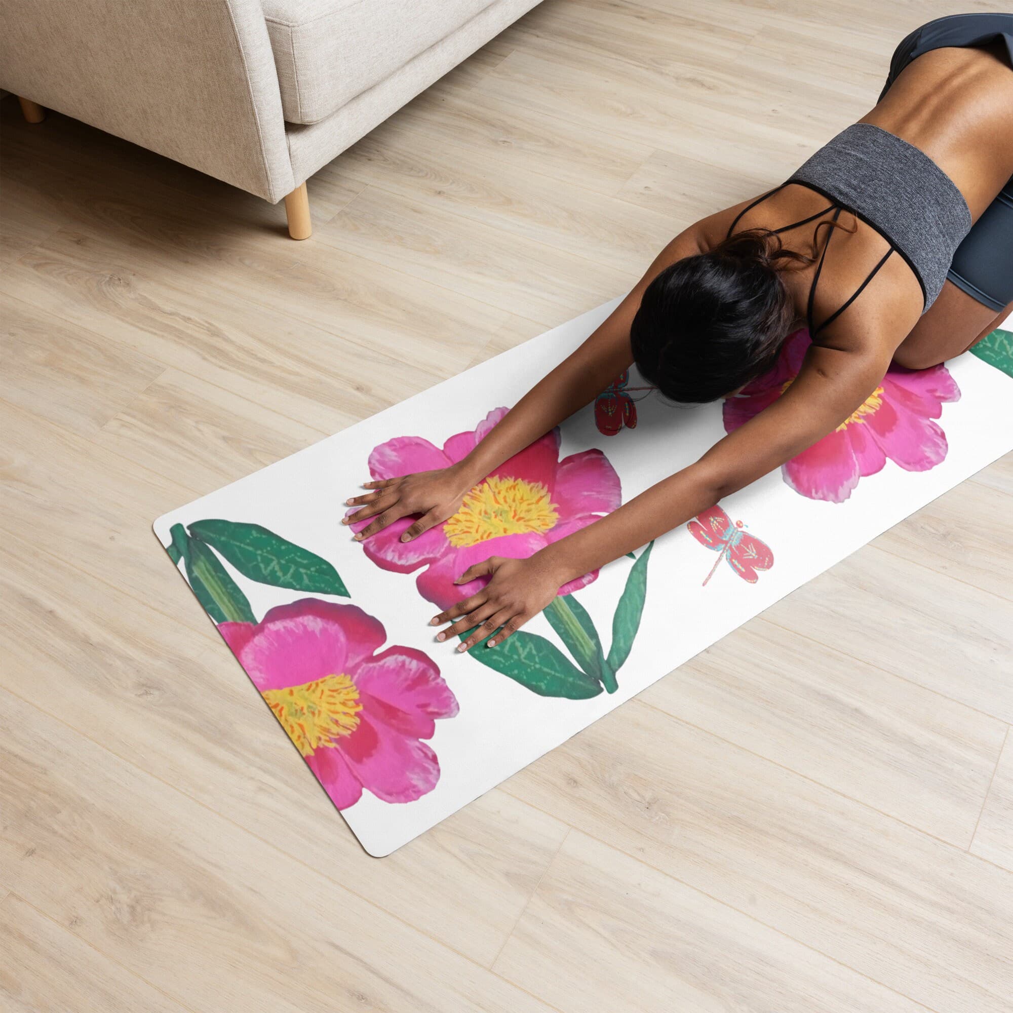 Pink Flower with Dragonflies Yoga Mat, Botanical Pilates Accessories, Home Gym Equipment, Prayer Mat