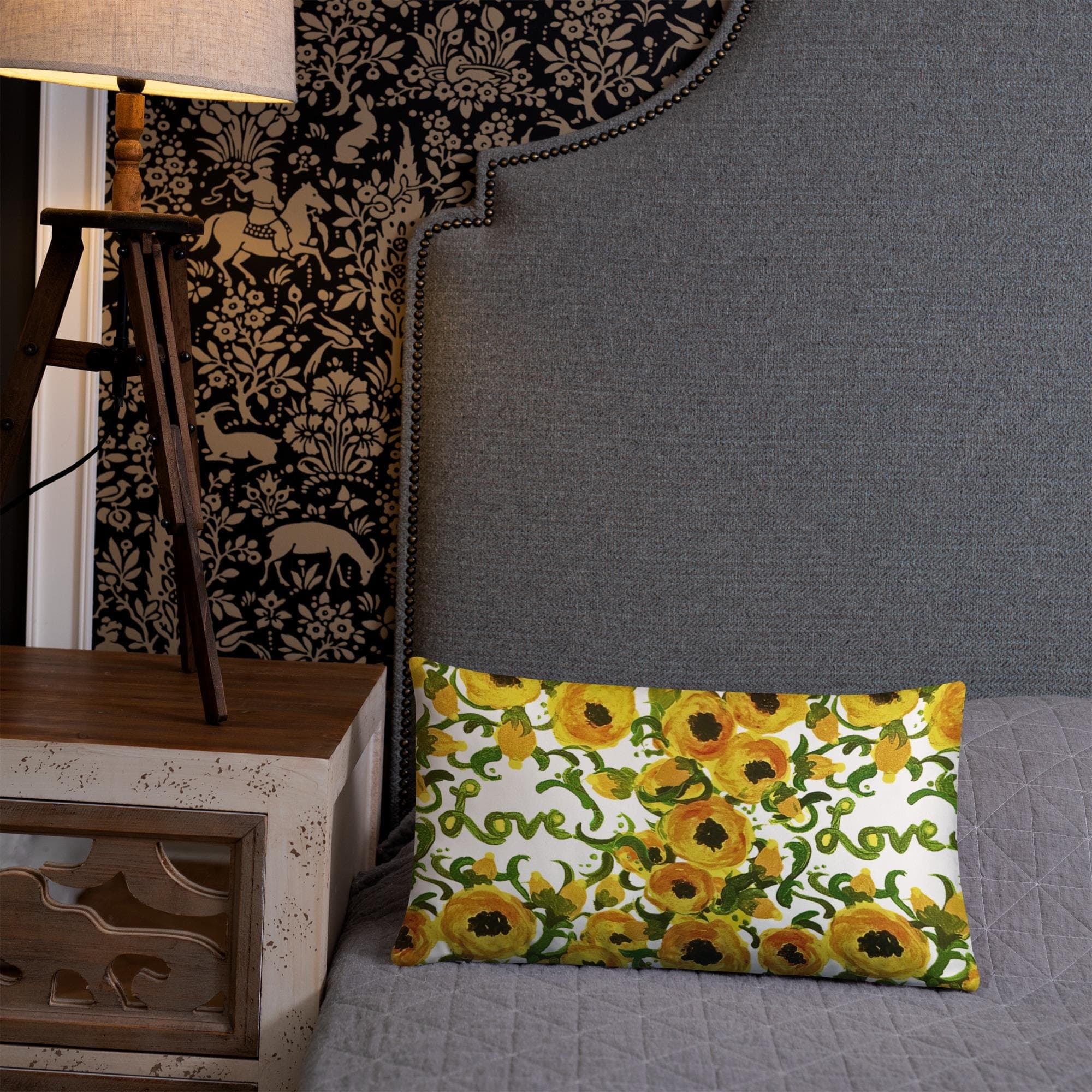 Yellow Love Lumbar Pillow, Small Bolster Pillow, Whimsical Spring Pillow, Rectangular Throw Pillow