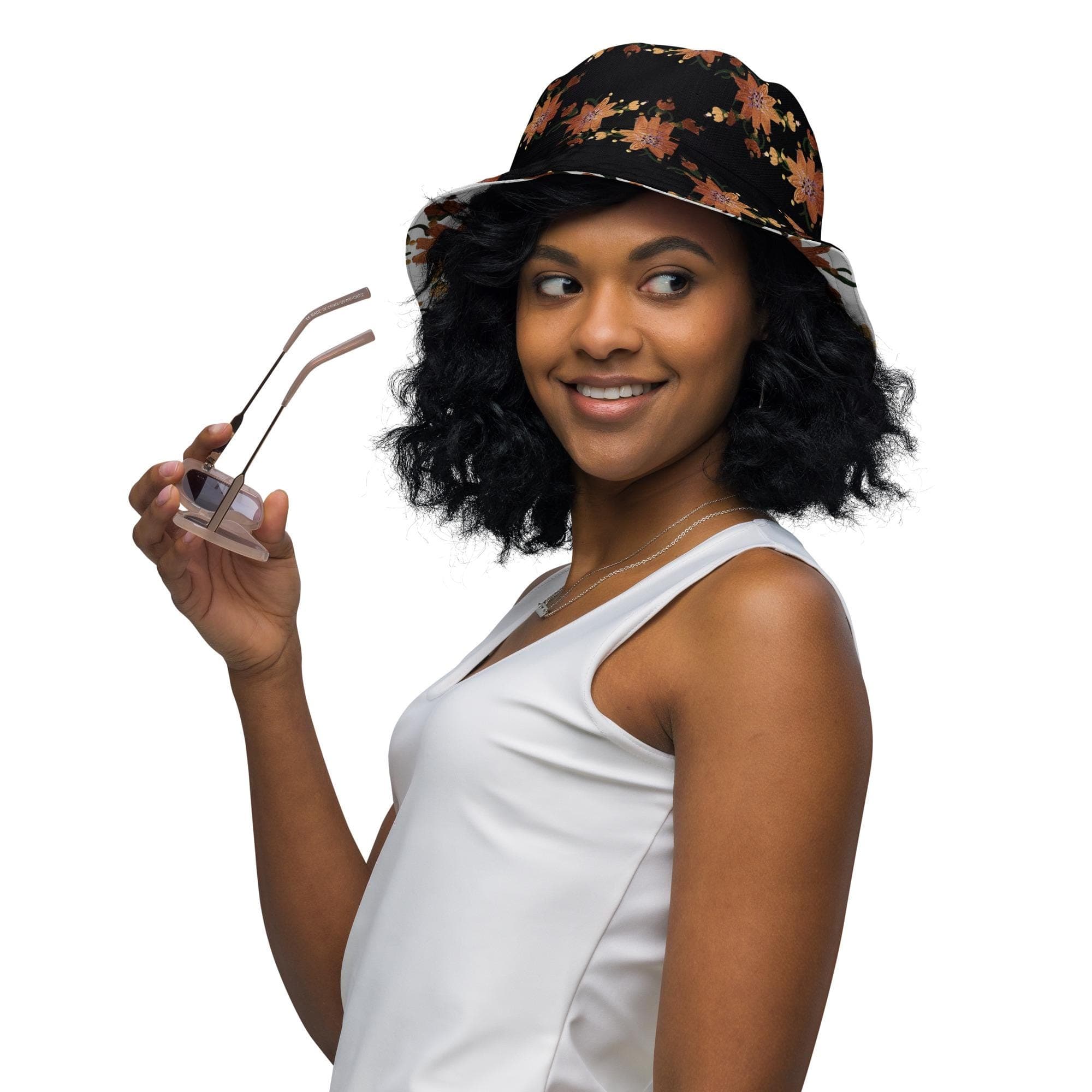 Shimmering Gold Flower Bucket Hat: Reversible Wide Brim, Hand-Painted