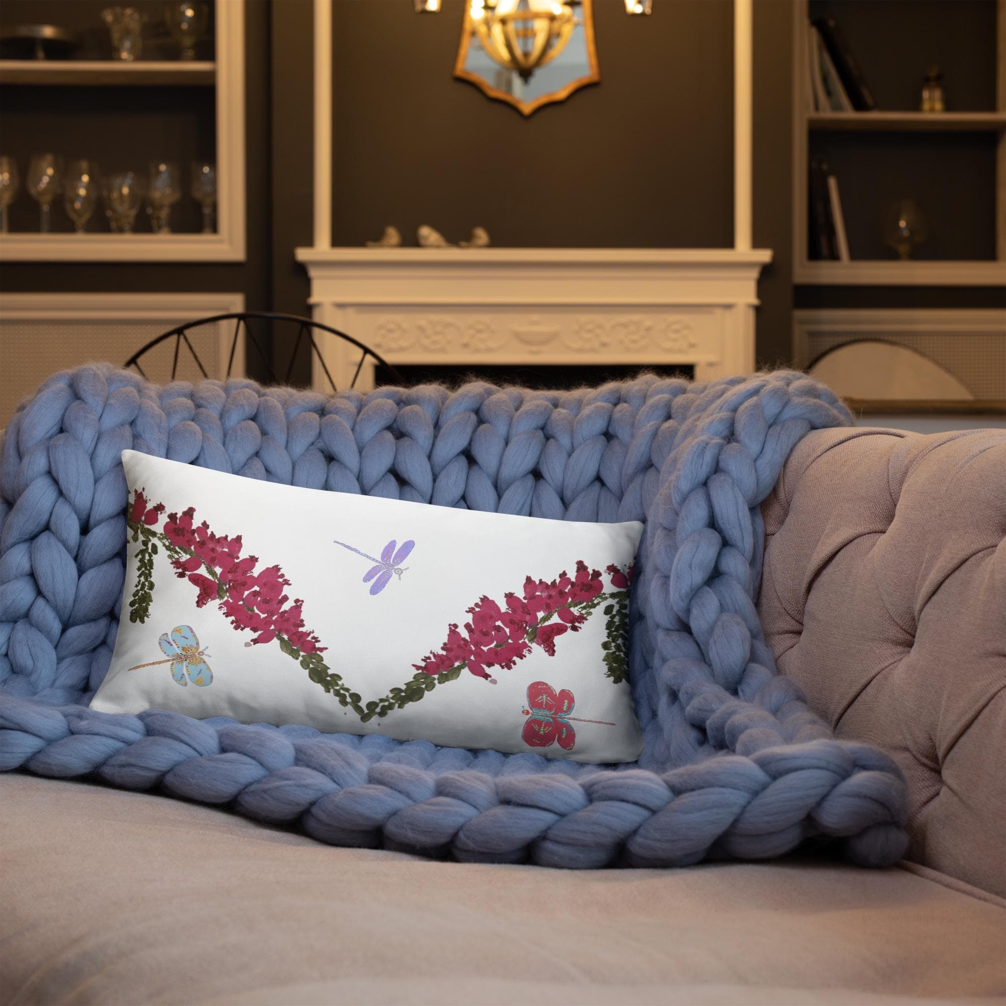 Heather Flower with Dragonflies Modern Lumbar Pillow, Colorful Spring Botanical Throw Pillow