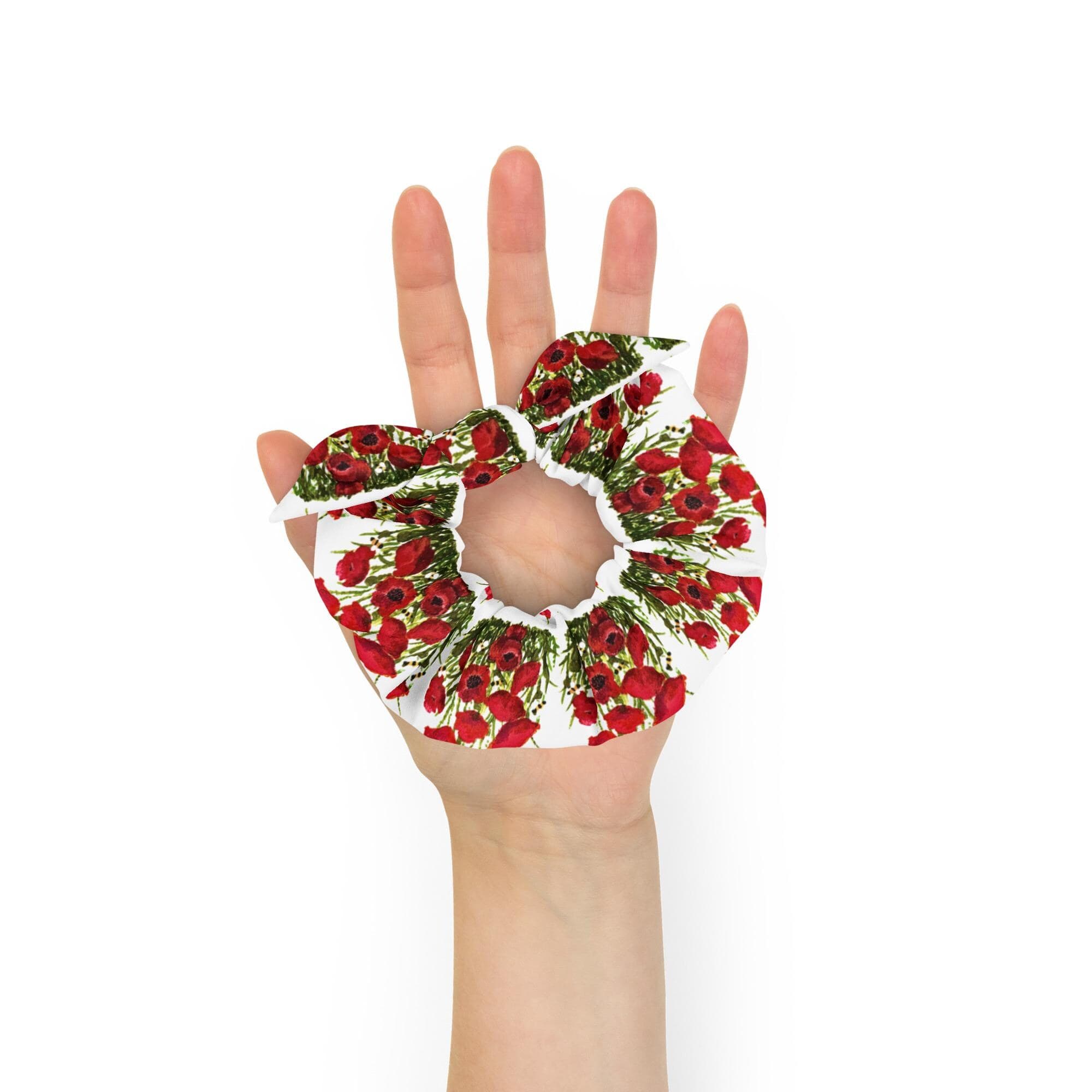 Red Poppies Recycled Scrunchie, Cute Bow Ponytail Wrap, Girls Oversized Hair Cuff