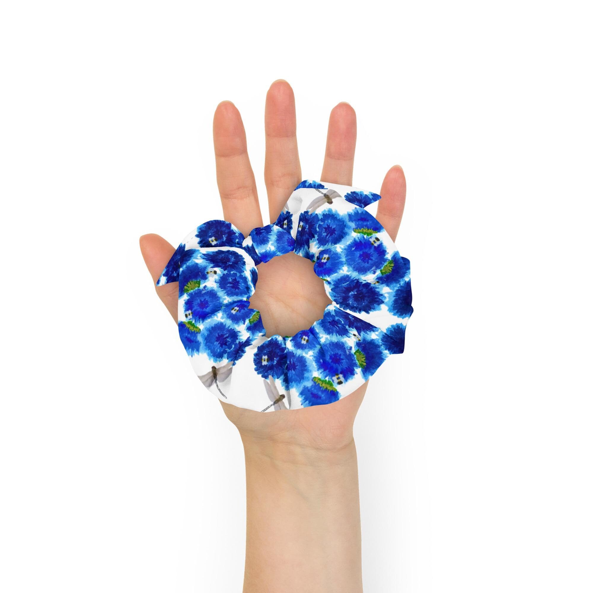 Blue Bachelor Buttons Recycled Bow Scrunchie, Oversized Ponytail Holder, Cute Floral Hair Tie