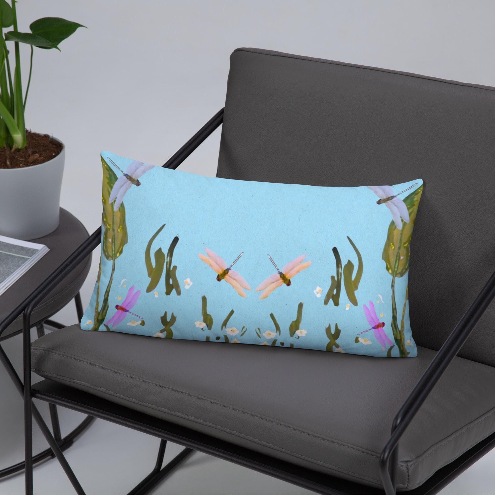 Dragonflies on Blue Throw Pillow, Whimsical Botanical Pillow, Modern Lumbar Pillow