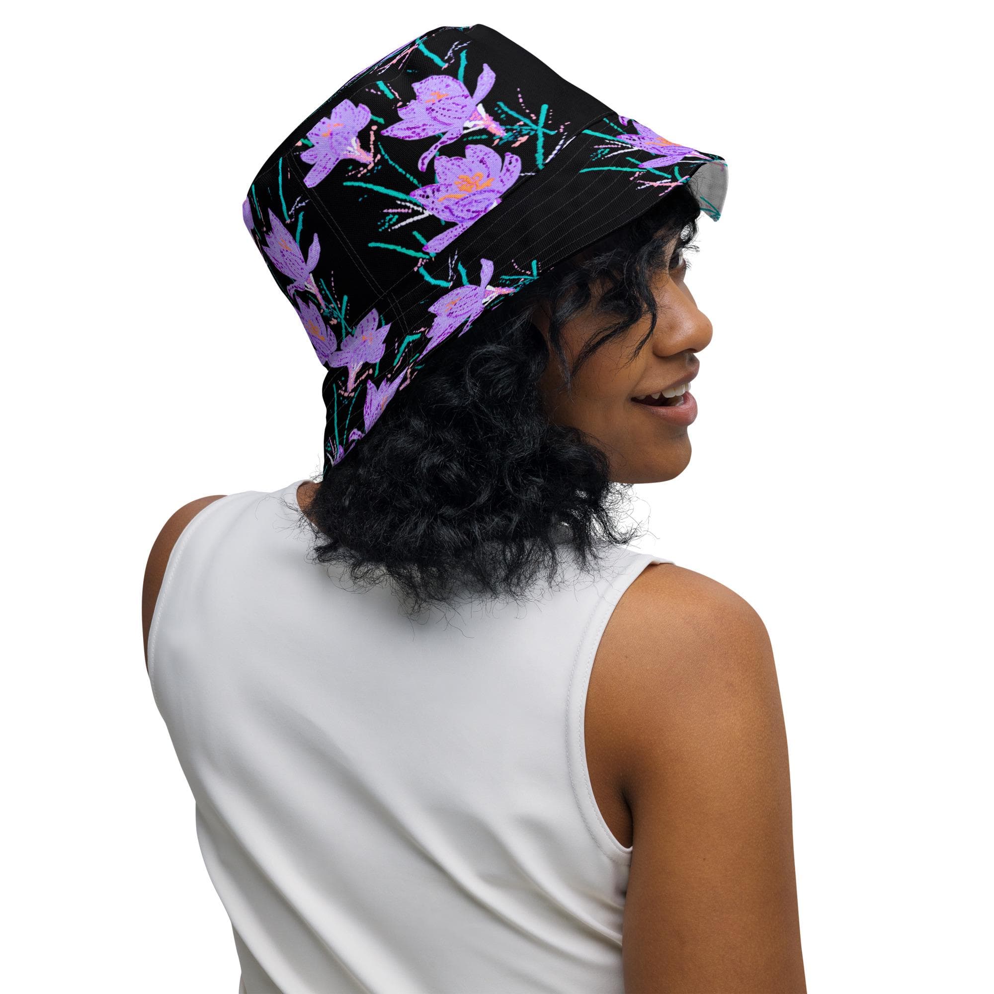Crocus Flower Reversible Bucket Hat: Wide Brim Polyester