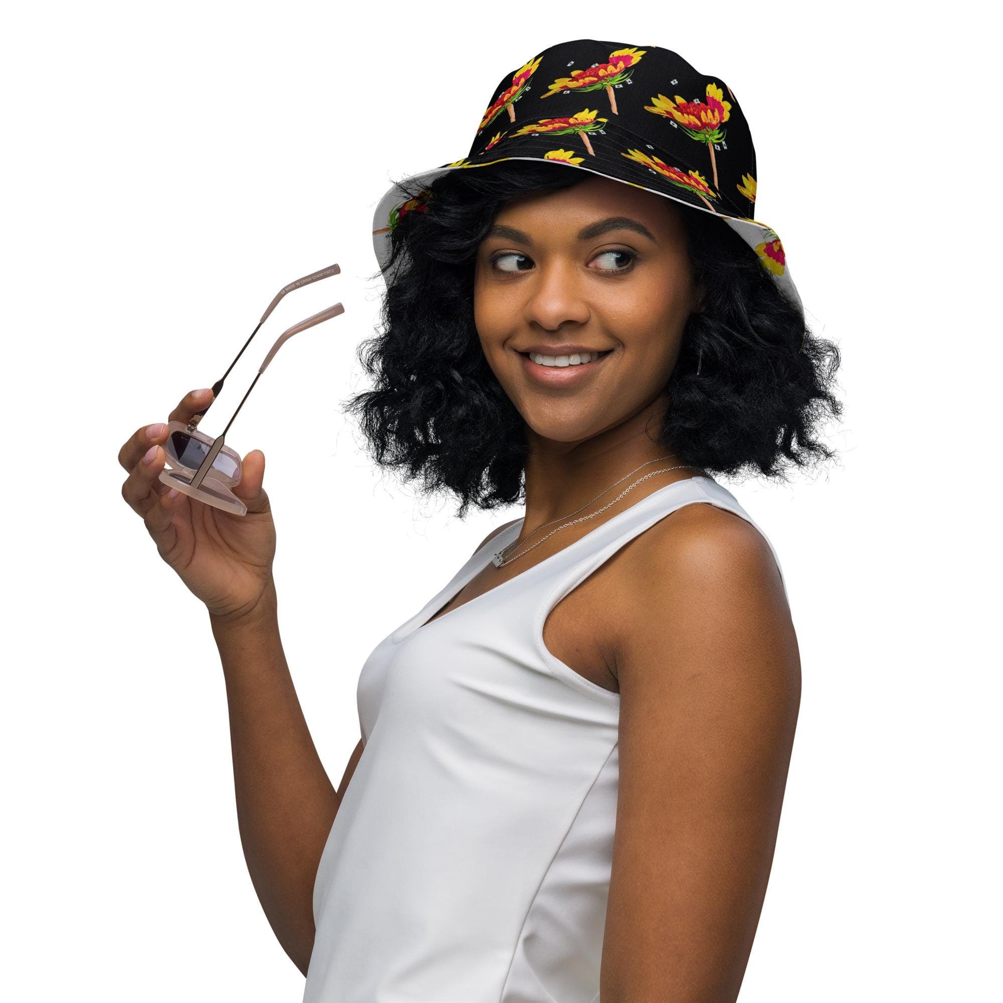 Flower Power Reversible Bucket Hat, Wide Brim Ruffle Hat, Cool Black Bucket Hat, Gardening Hat