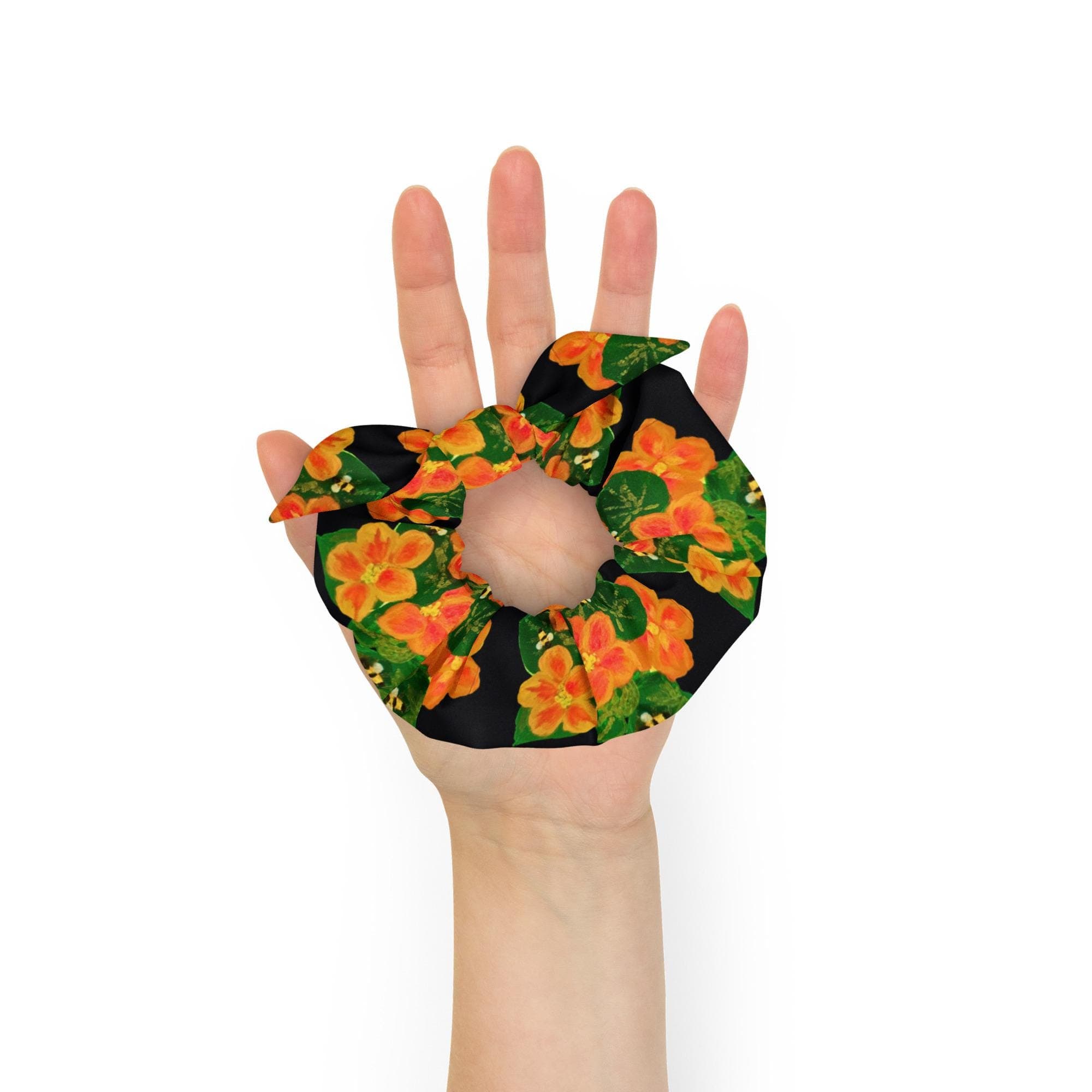 Floral Orange Recycled Polyester Scrunchie: Removable Bow Hair Cuff