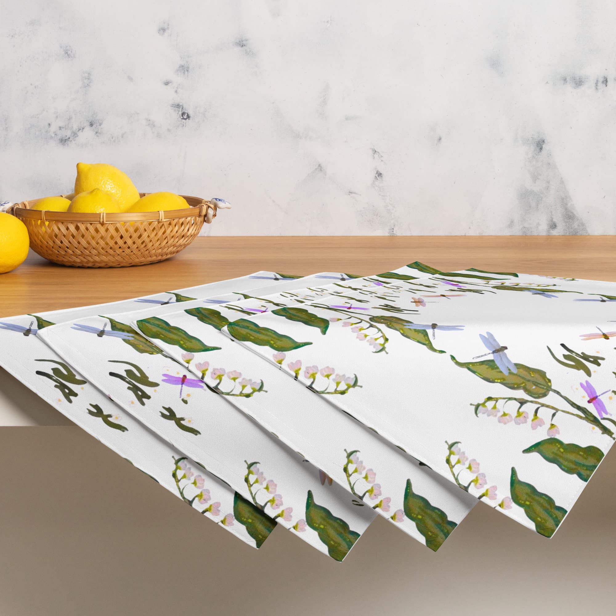 Botanical Dragonfly Placemat Set of 4, Spring Floral Wedding Placemats, Water Resistant Activity Placemats