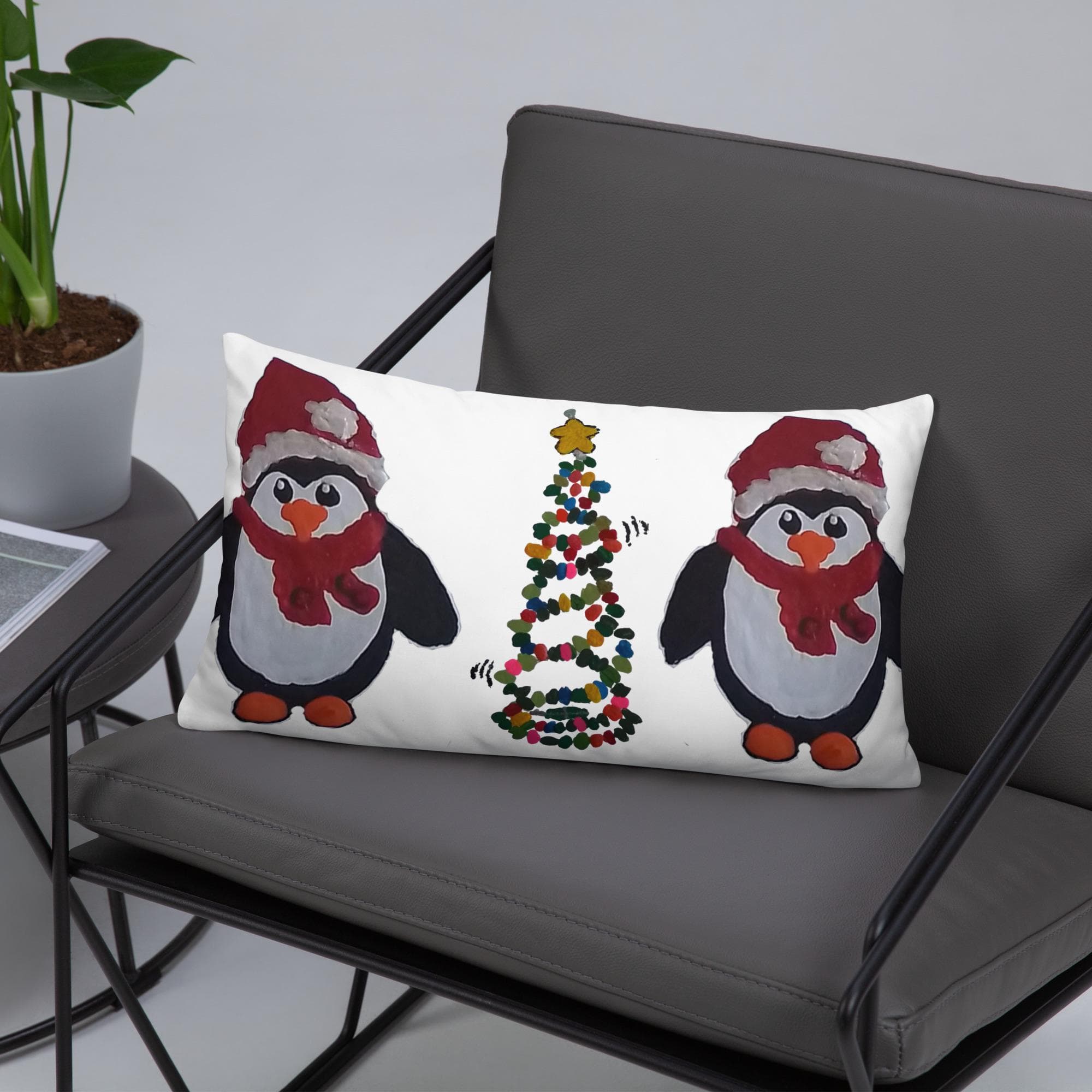 Christmas Penguin Throw Pillow, Holiday Decor, Festive Lumbar Pillow