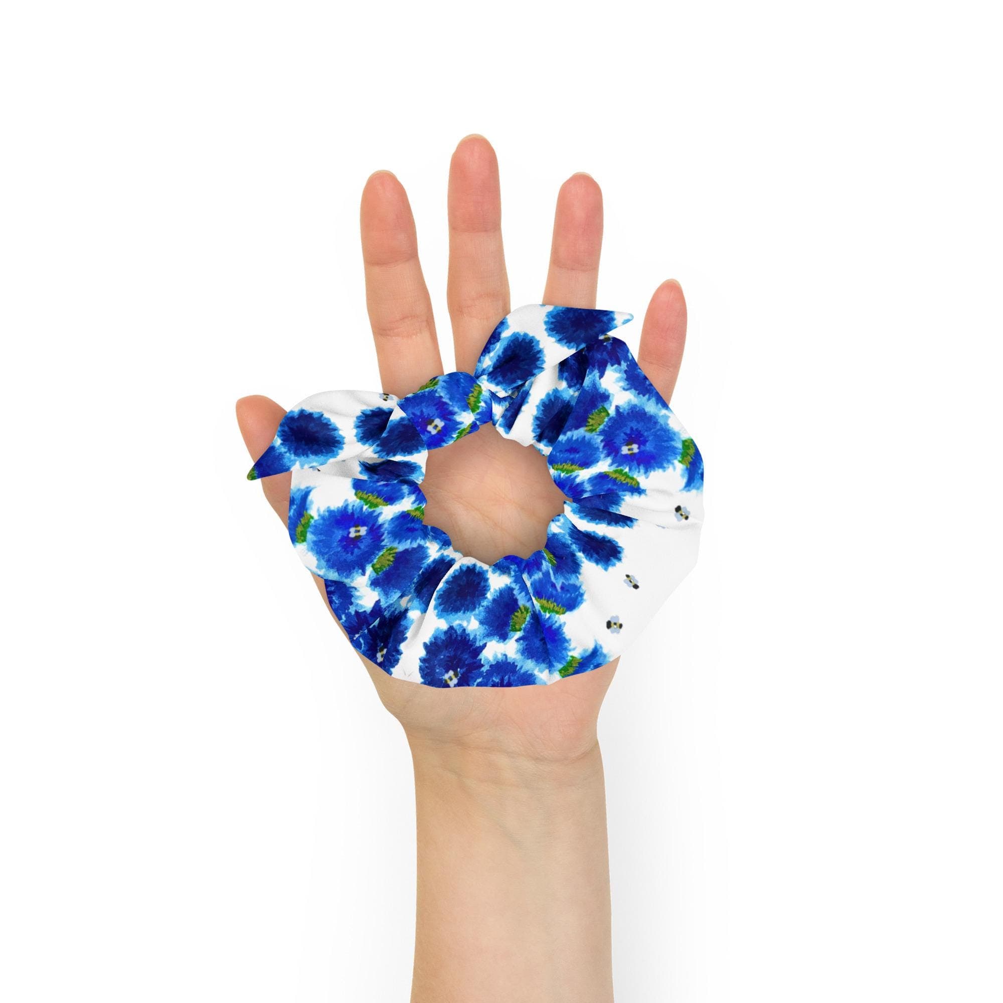 Blue Floral Bow Scrunchie: Recycled Polyester Ponytail Holder