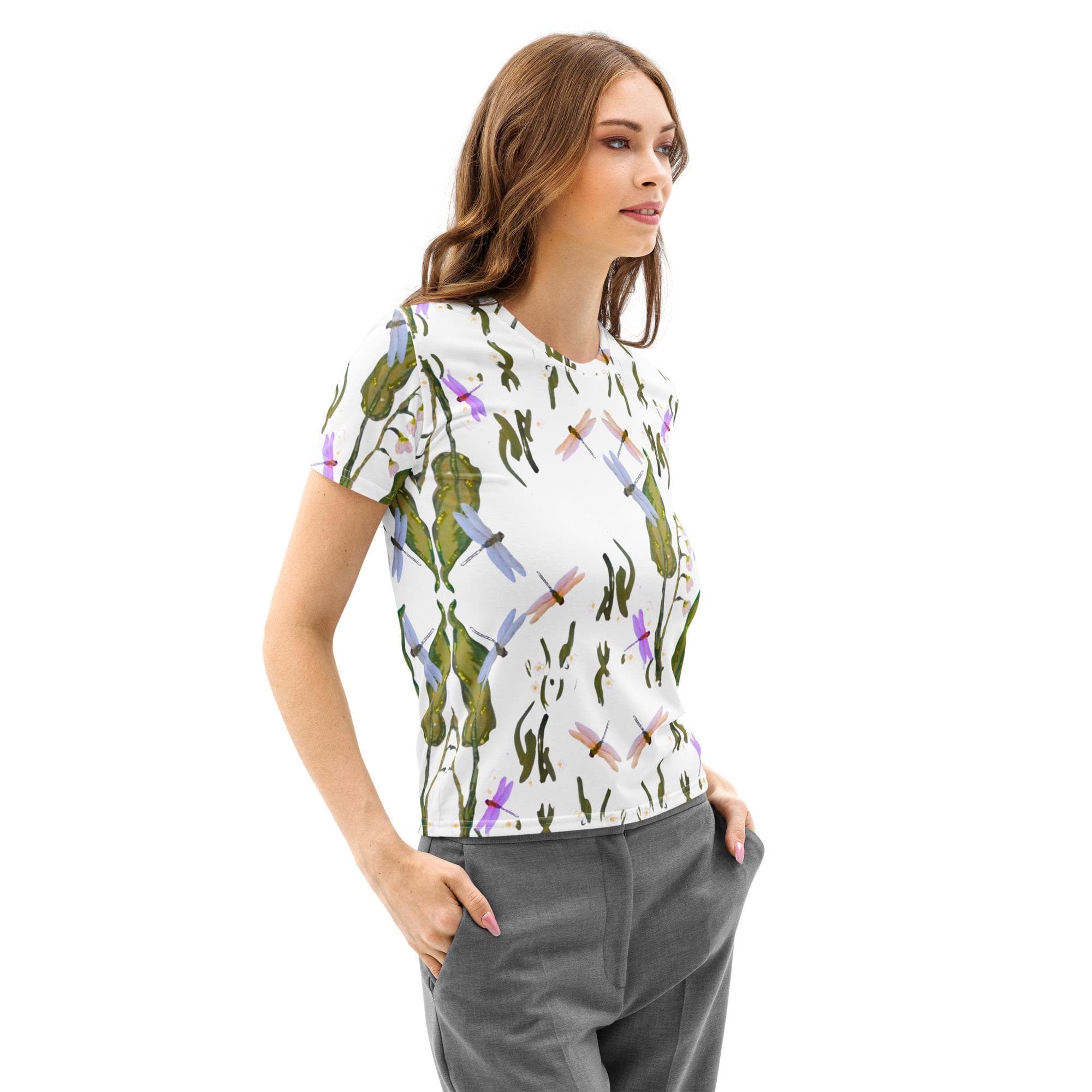 Dragonfly Lovers AOP T-shirt, Spring Vibes, Flower Garden Shirt, Unisex Floral Shirt