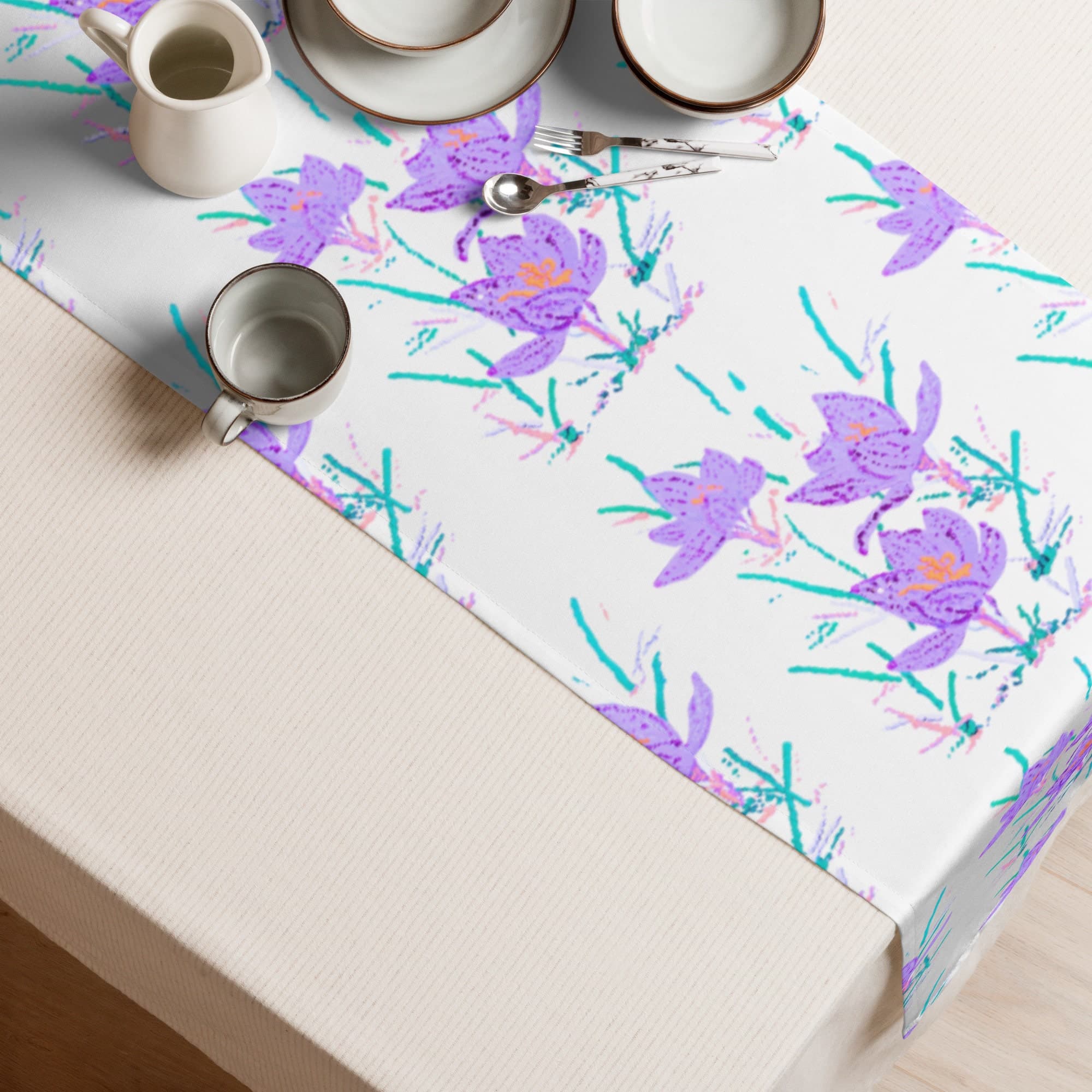 Crocus Flower Table Runner, Rustic Floral Wedding Table Runner, Colorful Spring Decor