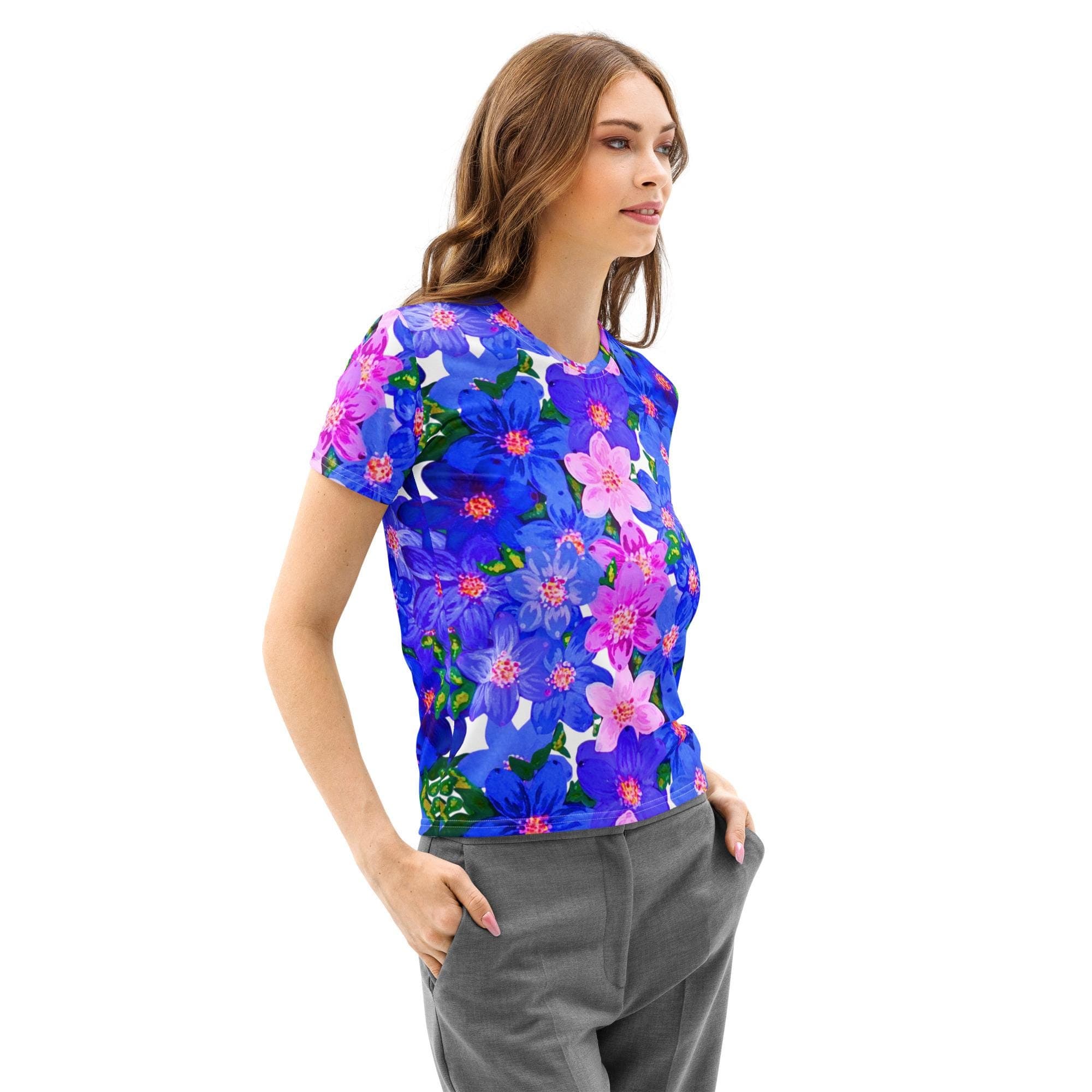 Pastel Blue and Pink Floral T-shirt, Comfy Wildflower Tee, Casual Spring Top