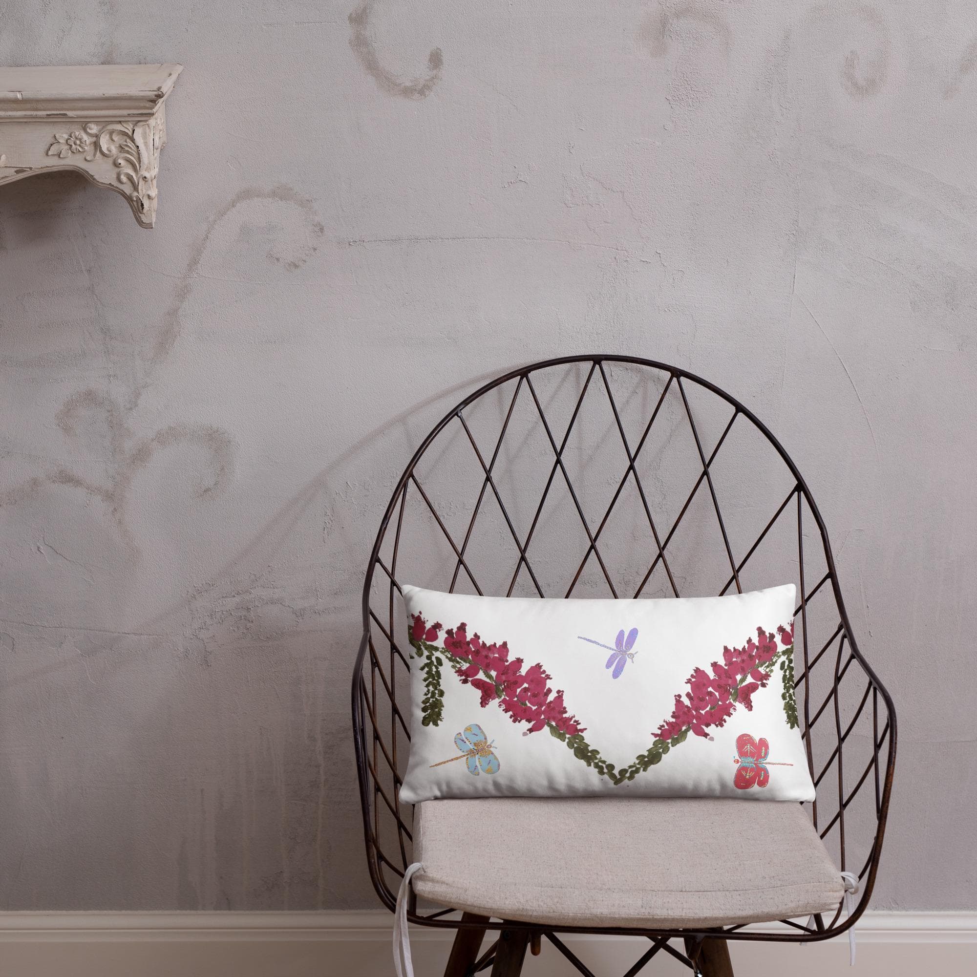 Heather Flower with Dragonflies Modern Lumbar Pillow, Colorful Spring Botanical Throw Pillow