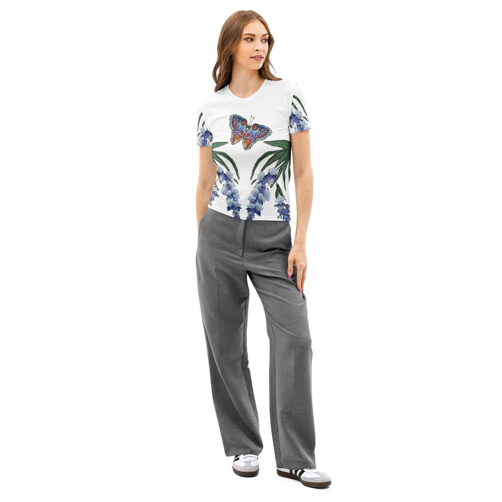Wisteria with Monarch T-shirt, Moods Tshirt, Wild Flowers Shirt, Spring Vibes AOP Tshirt
