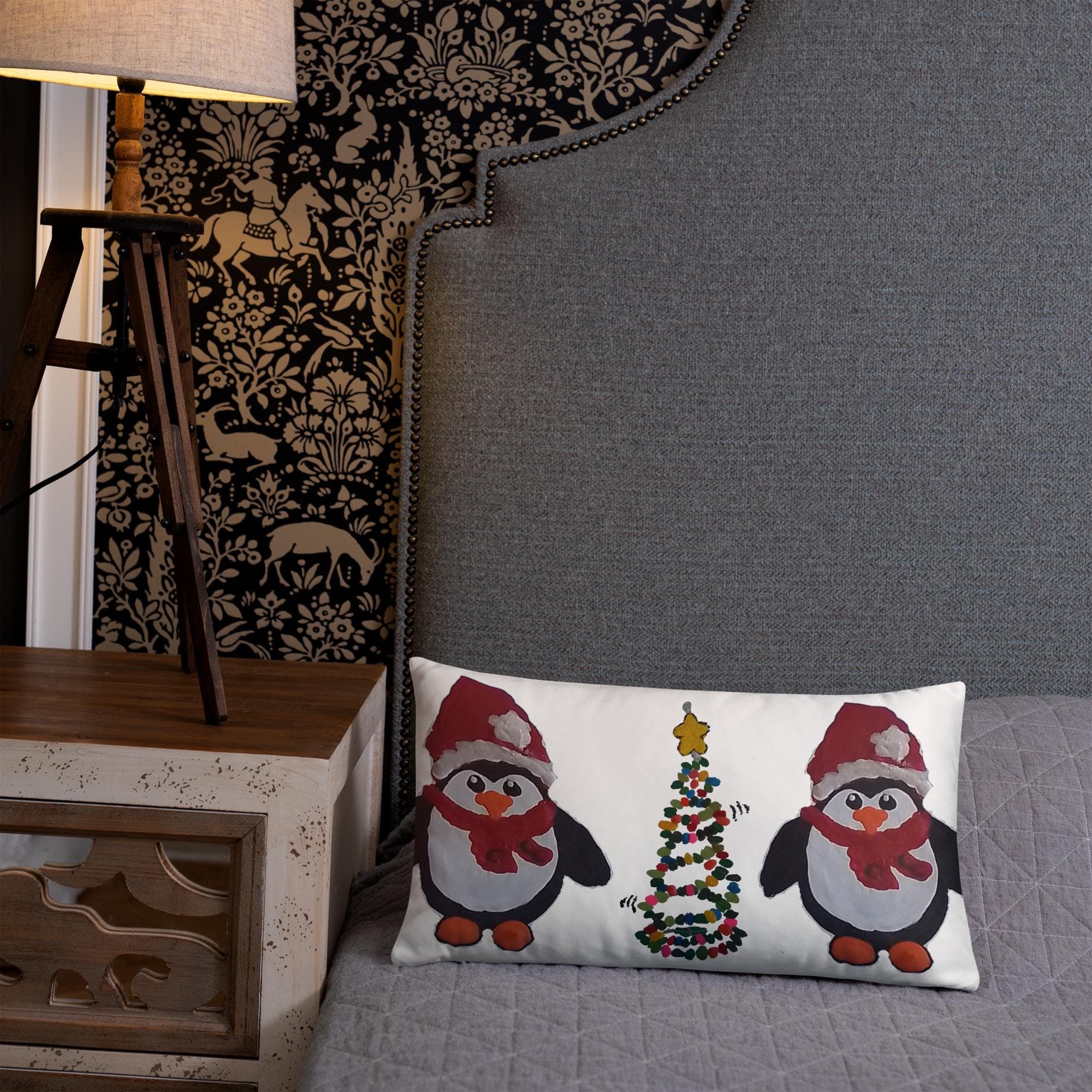 Christmas Penguin Throw Pillow, Holiday Decor, Festive Lumbar Pillow