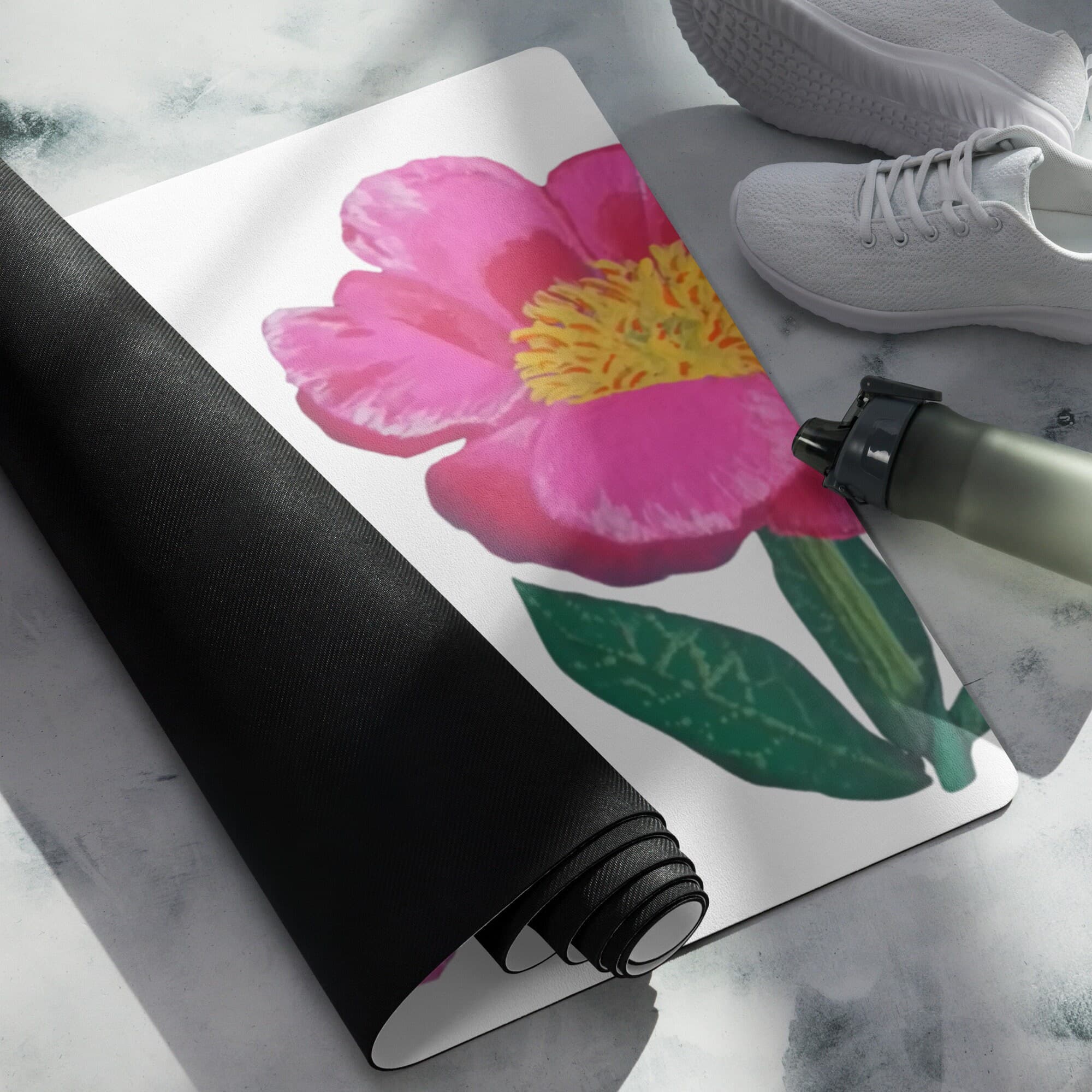 Pink Flower with Dragonflies Yoga Mat, Botanical Pilates Accessories, Home Gym Equipment, Prayer Mat