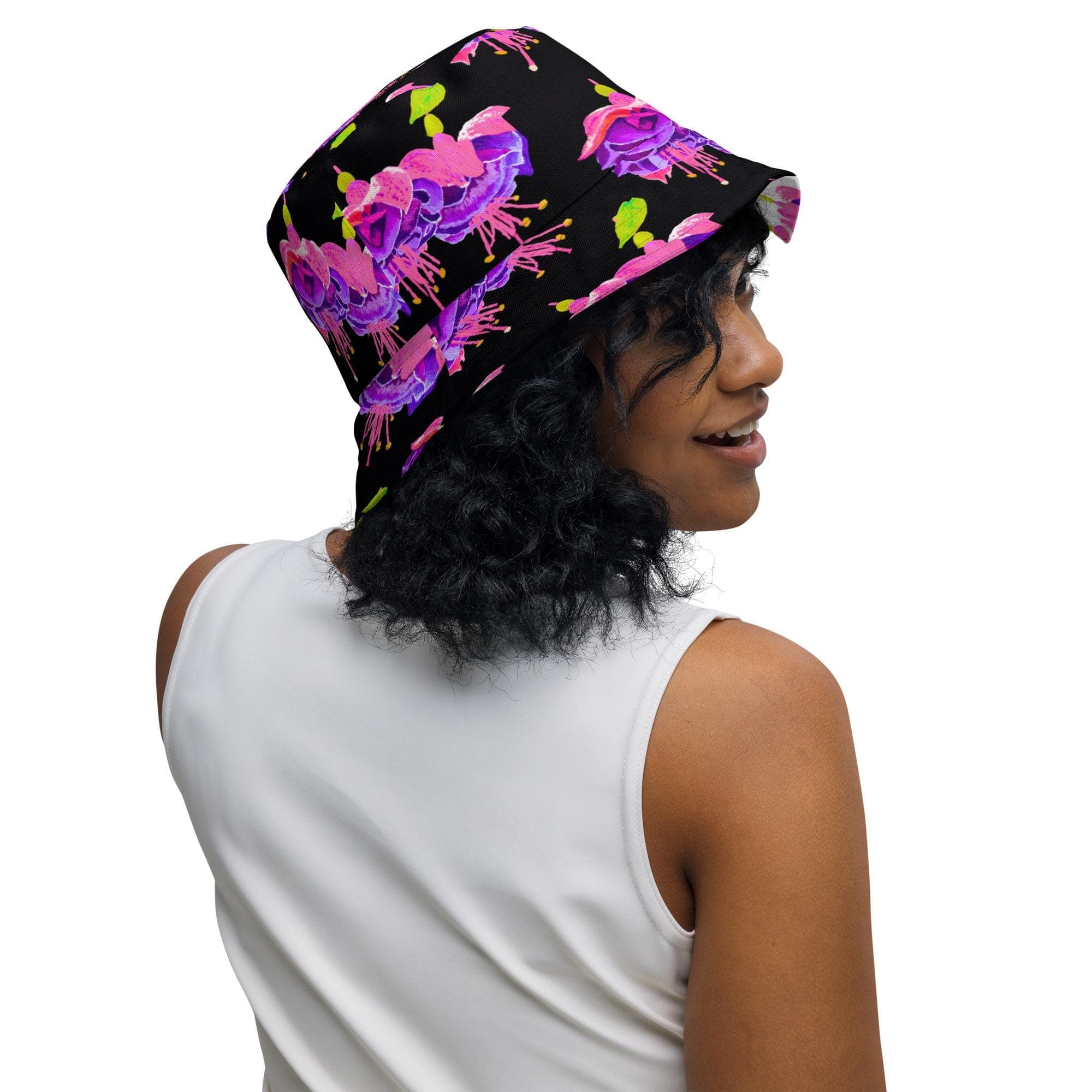 Fuchsia Flower Bucket Hat: Reversible Wide Brim Polyester Hat