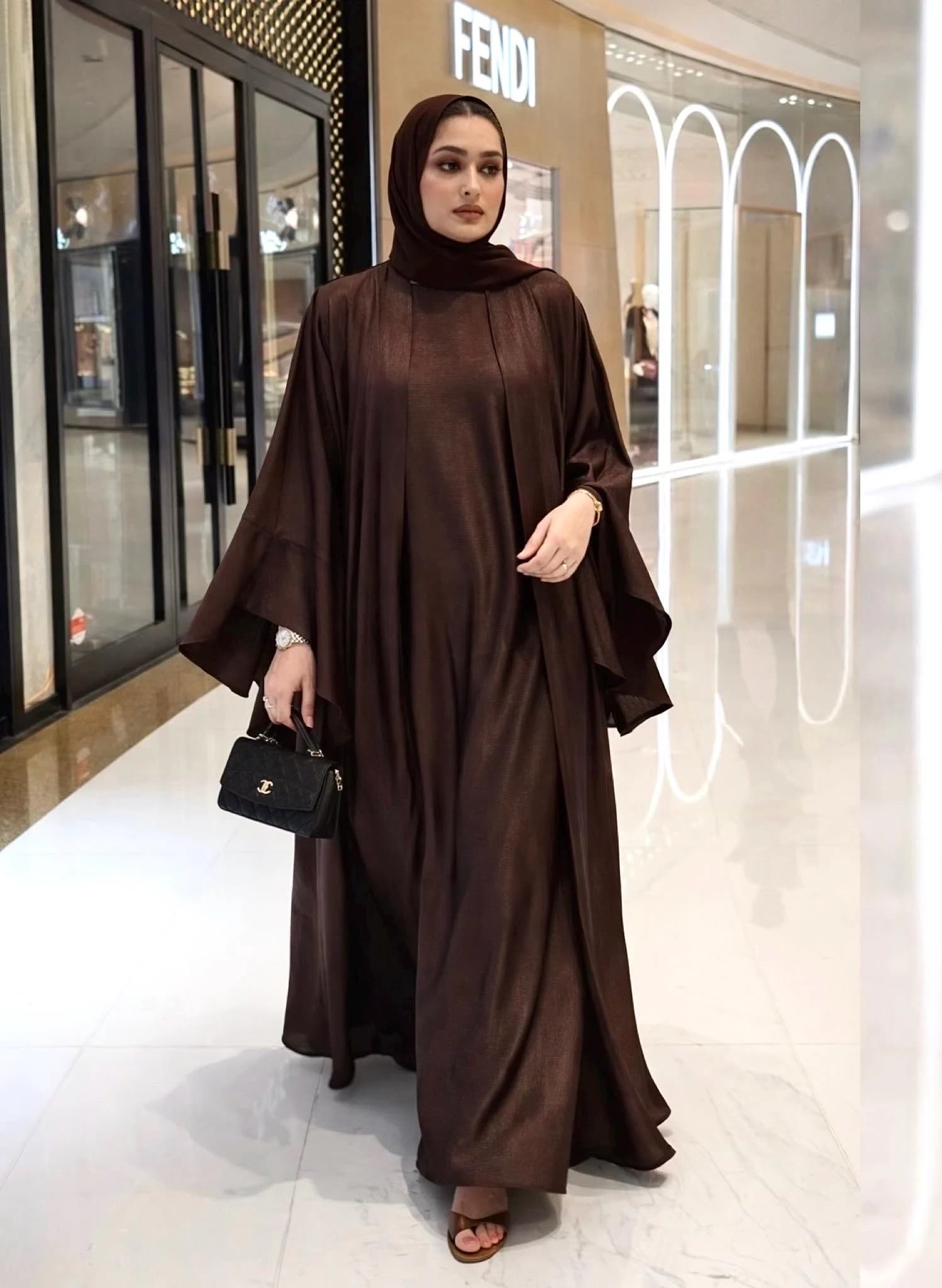 Luxe Brown Satin Abaya – Elegant Eid Party Dress | Wedding - image 2