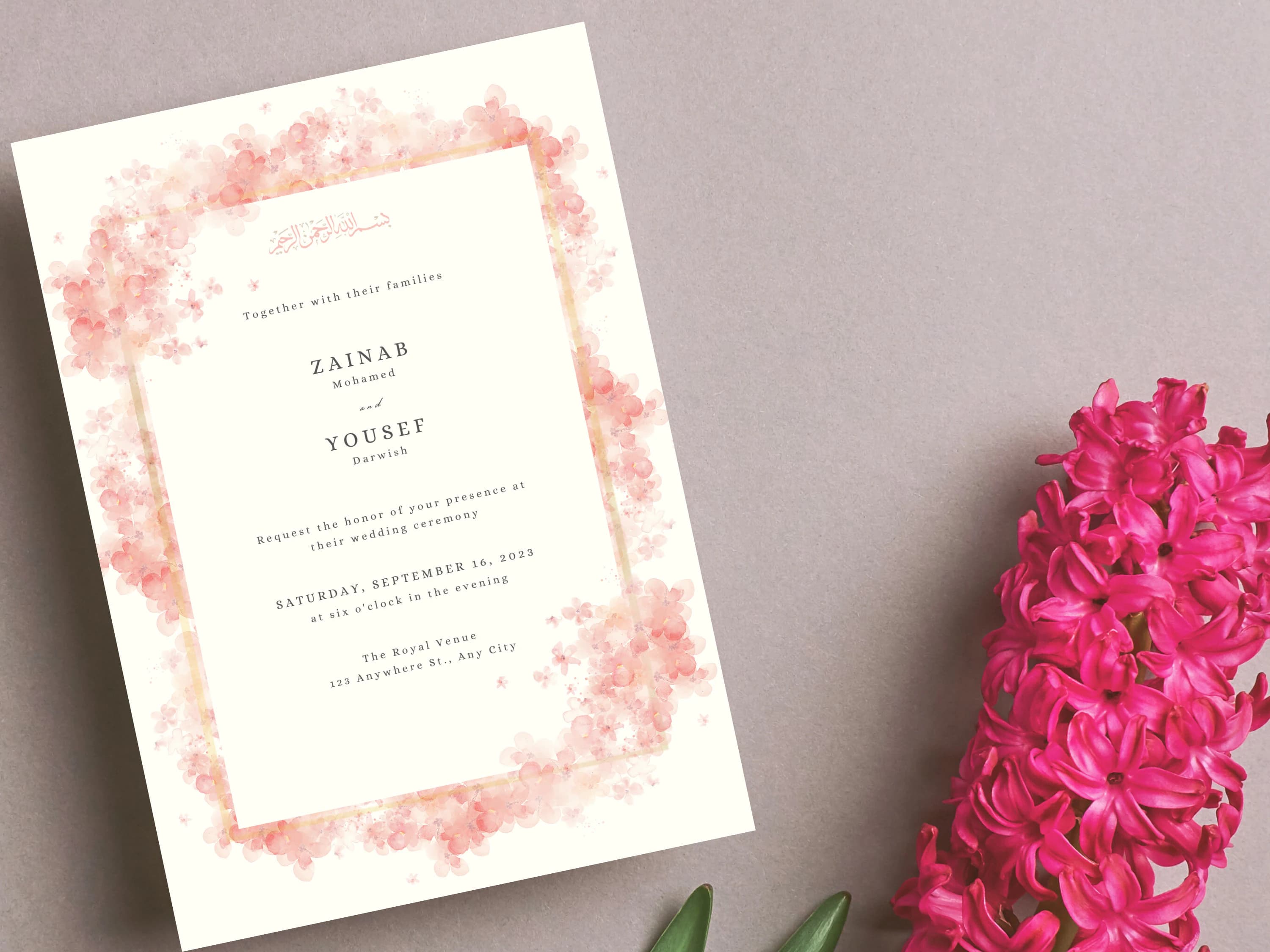 Pink Cherry Blossom Muslim Wedding Invitation | Pink Watercolor Islamic Wedding Invitation Editable Template | Elegant Design