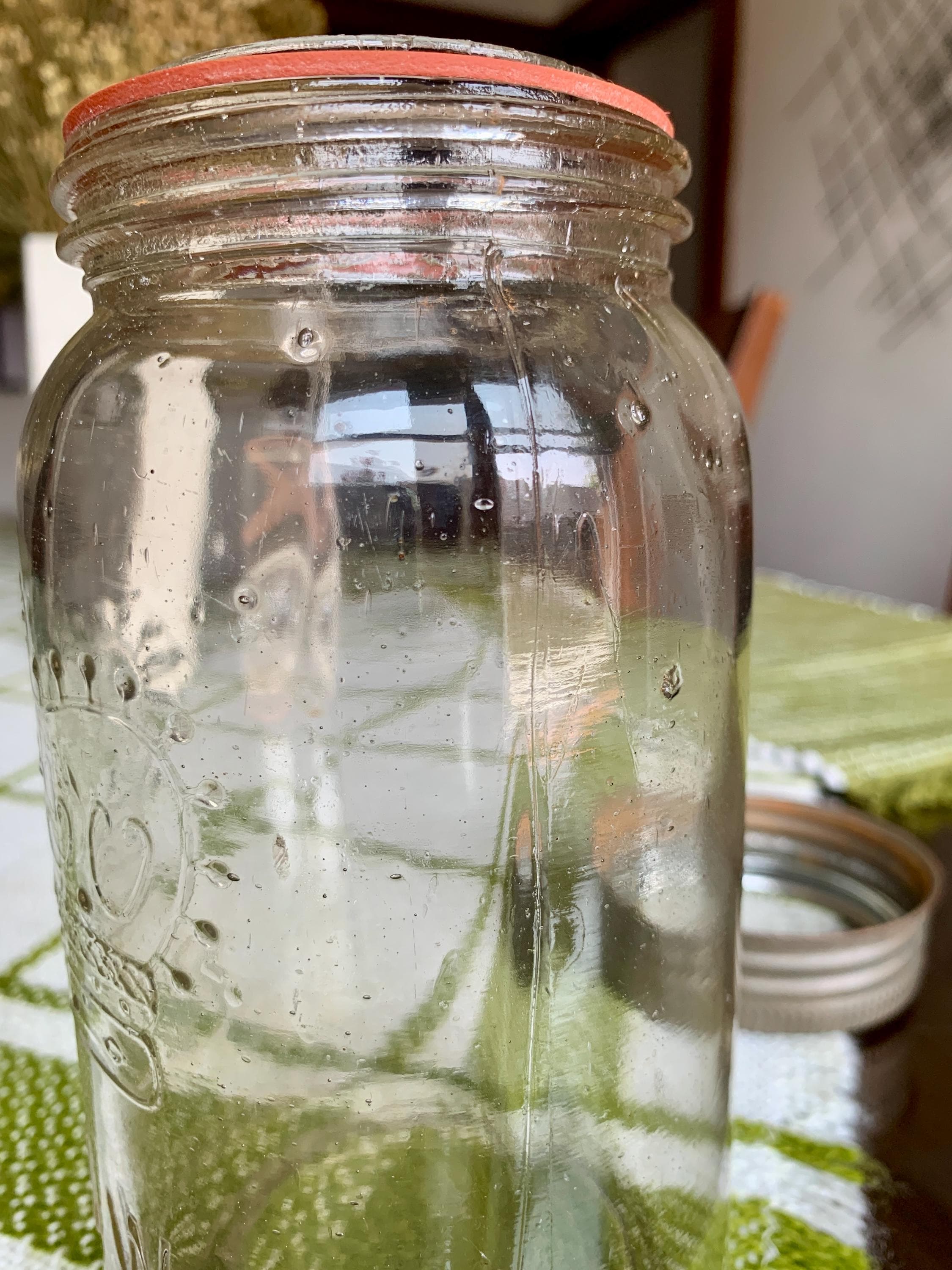 Antique 7 1/8” Straw/Light Amber Hued CROWN QT 32oz Seeded Glass Canning/Preserves Jar 9 Pearls #4 No Date/Base Mark Glass Insert/Zinc Seal - image 4