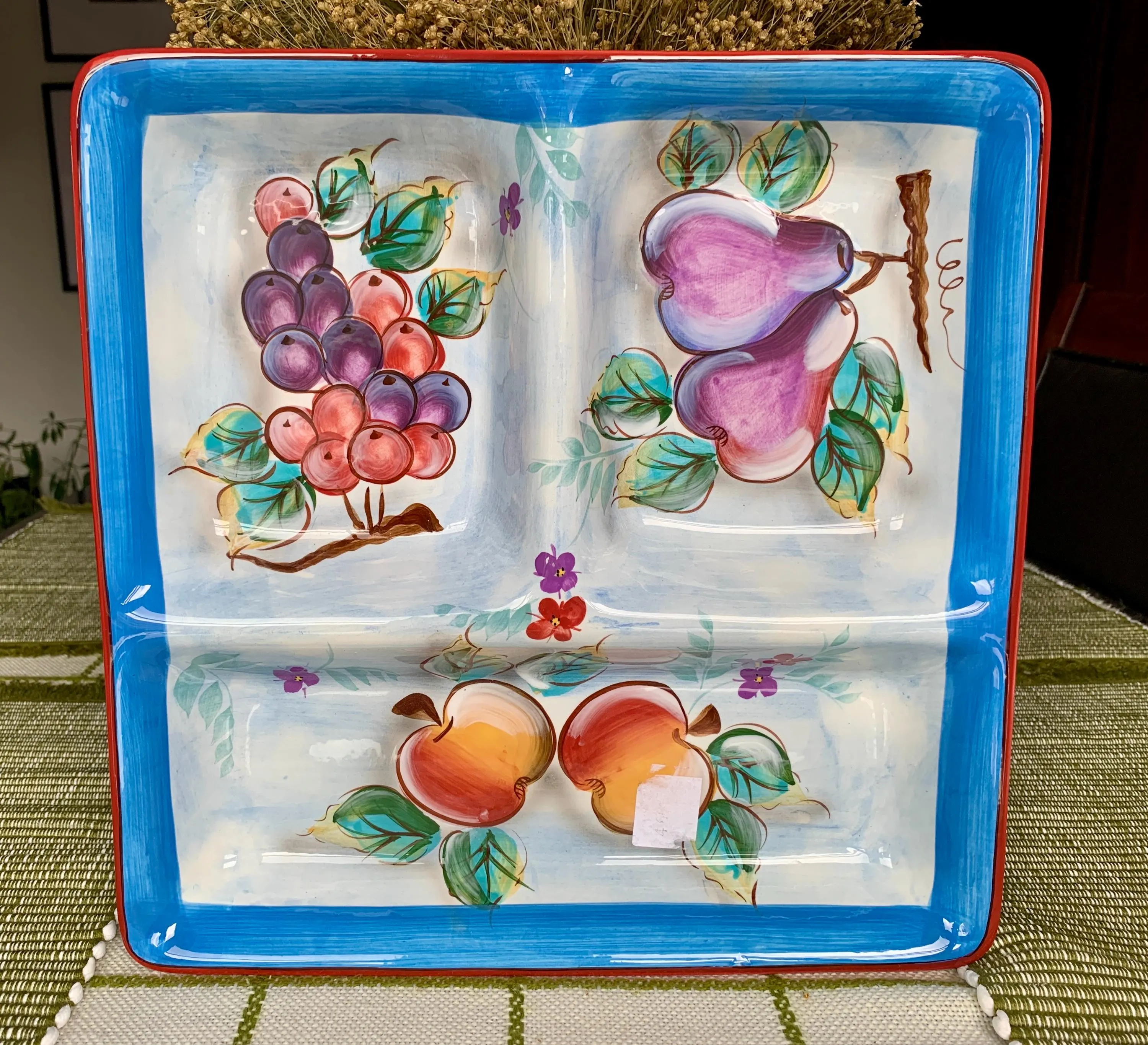 Unused Square 13 1/4” Vibrant Hand-painted (Italian) Ceramic Divided Serving Platter w/Fruit Motif; Tri-Sectional Veggie/Snack/Dessert Plate