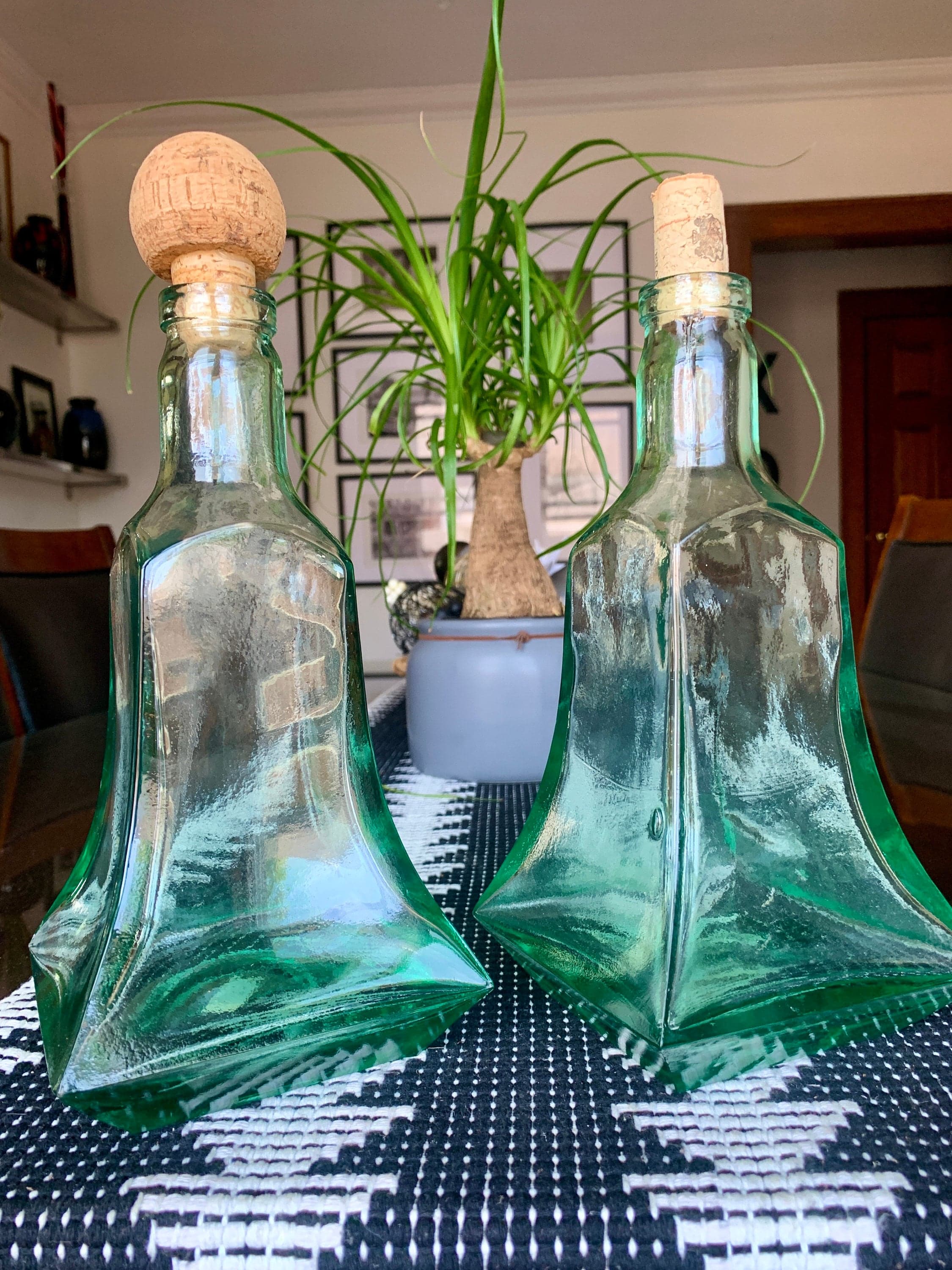 Unused Vintage 9 1/2”x 5” Stunning Sea Green Recycled Glass Bottle/Decanter/Oil Cruet/Decor Handblown in Spain w/Visible Bubbles c. 1980-90s - image 5