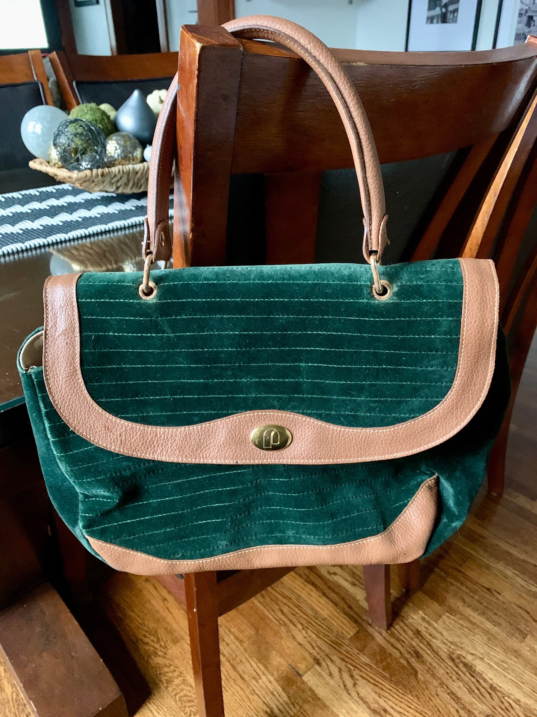 UNUSED Luxurious Vintage 16 1/2”x 15” Emerald Green Velvet & Tan Leather IL PORTICO Italian Satchel Hand Bag c.1950-60s w/Leather Interior