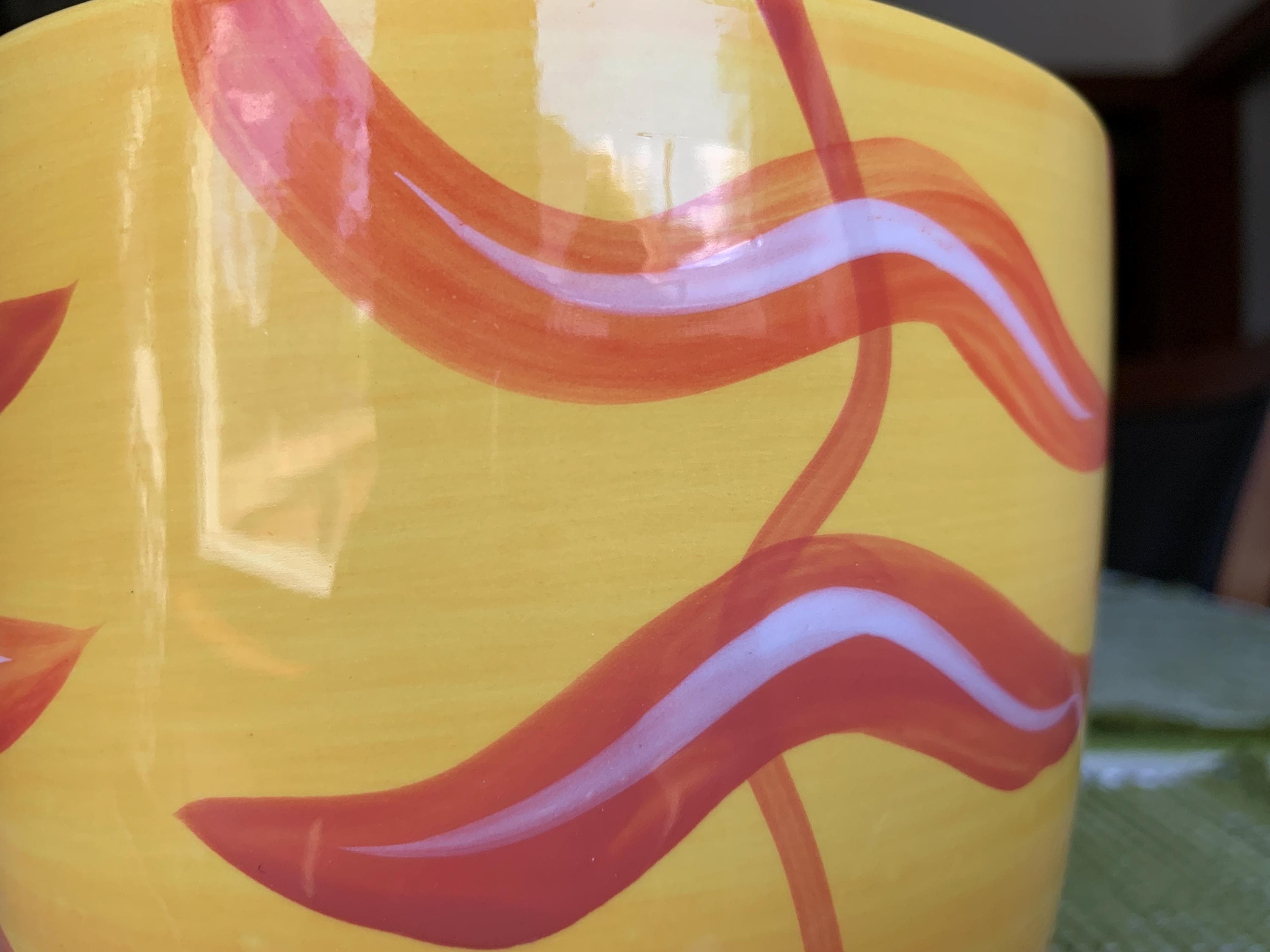 Vintage 5 5/8“x 5 5/8” Hand-Painted IKEA of Sweden “RAGO” Stoneware Plant Pot/Vase in Vibrant Yellow w/Abstract Pumpkin Orange Motif c.1990s - image 4