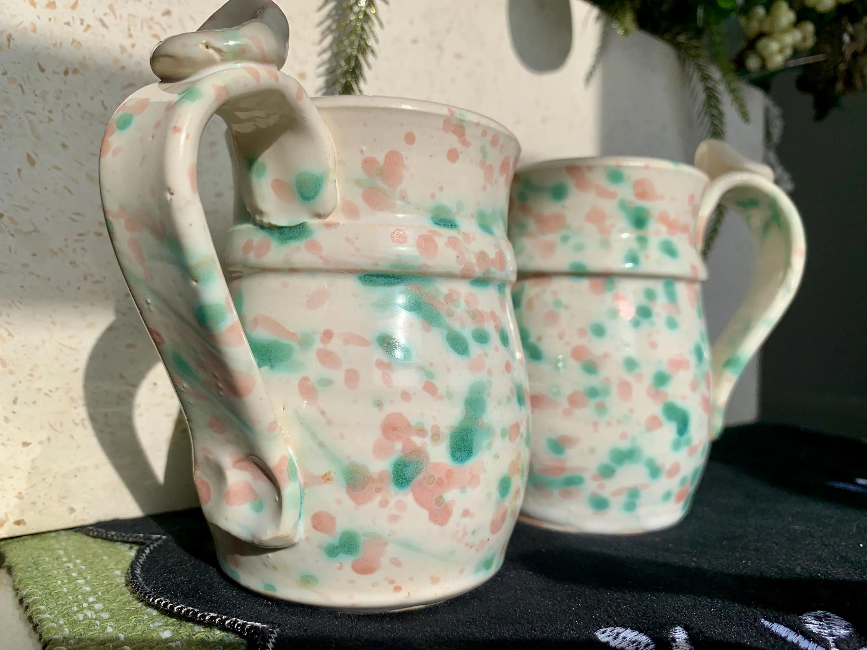 Unused Pair of Vintage? 11.5 floz Signed Studio Art Pottery Whimsical Spatter Glazed Artisanal  Ceramic Mugs w/Oversized Ornate Handles
