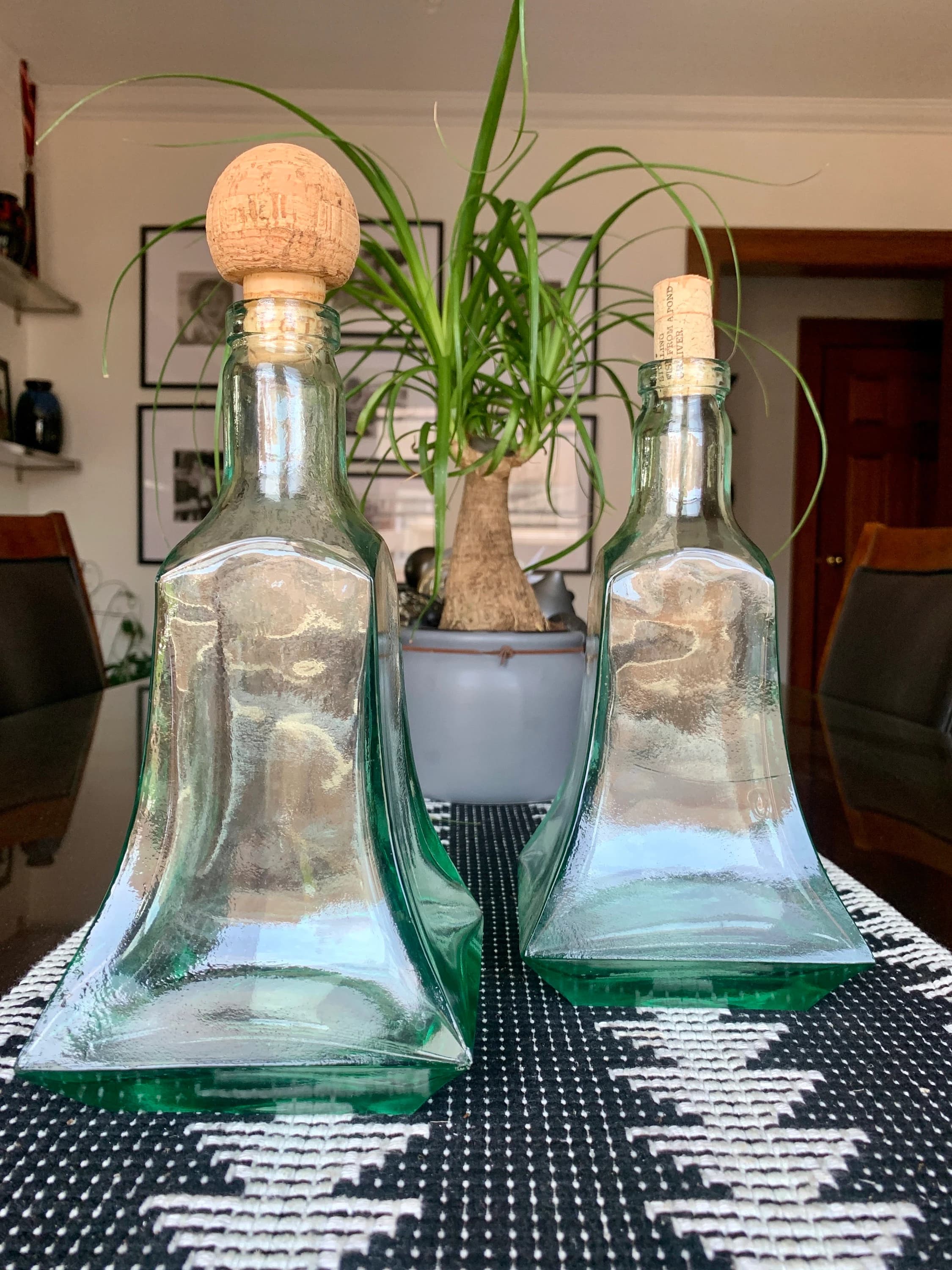 Unused Vintage 9 1/2”x 5” Stunning Sea Green Recycled Glass Bottle/Decanter/Oil Cruet/Decor Handblown in Spain w/Visible Bubbles c. 1980-90s - image 3