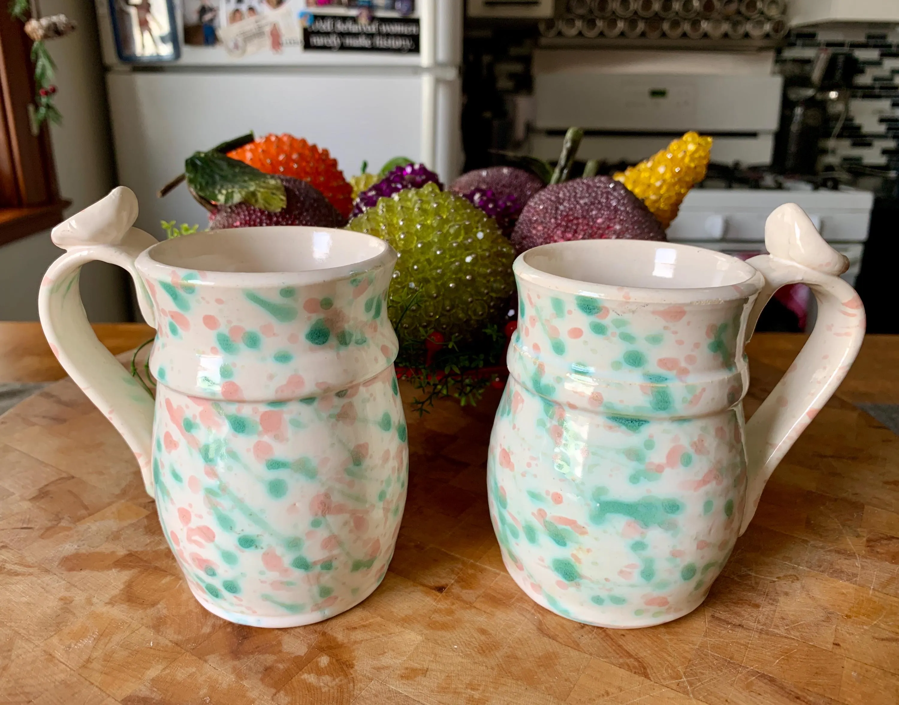 Unused Pair of Vintage? 11.5 floz Signed Studio Art Pottery Whimsical Spatter Glazed Artisanal Ceramic Mugs w/Oversized Ornate Handles - image 5