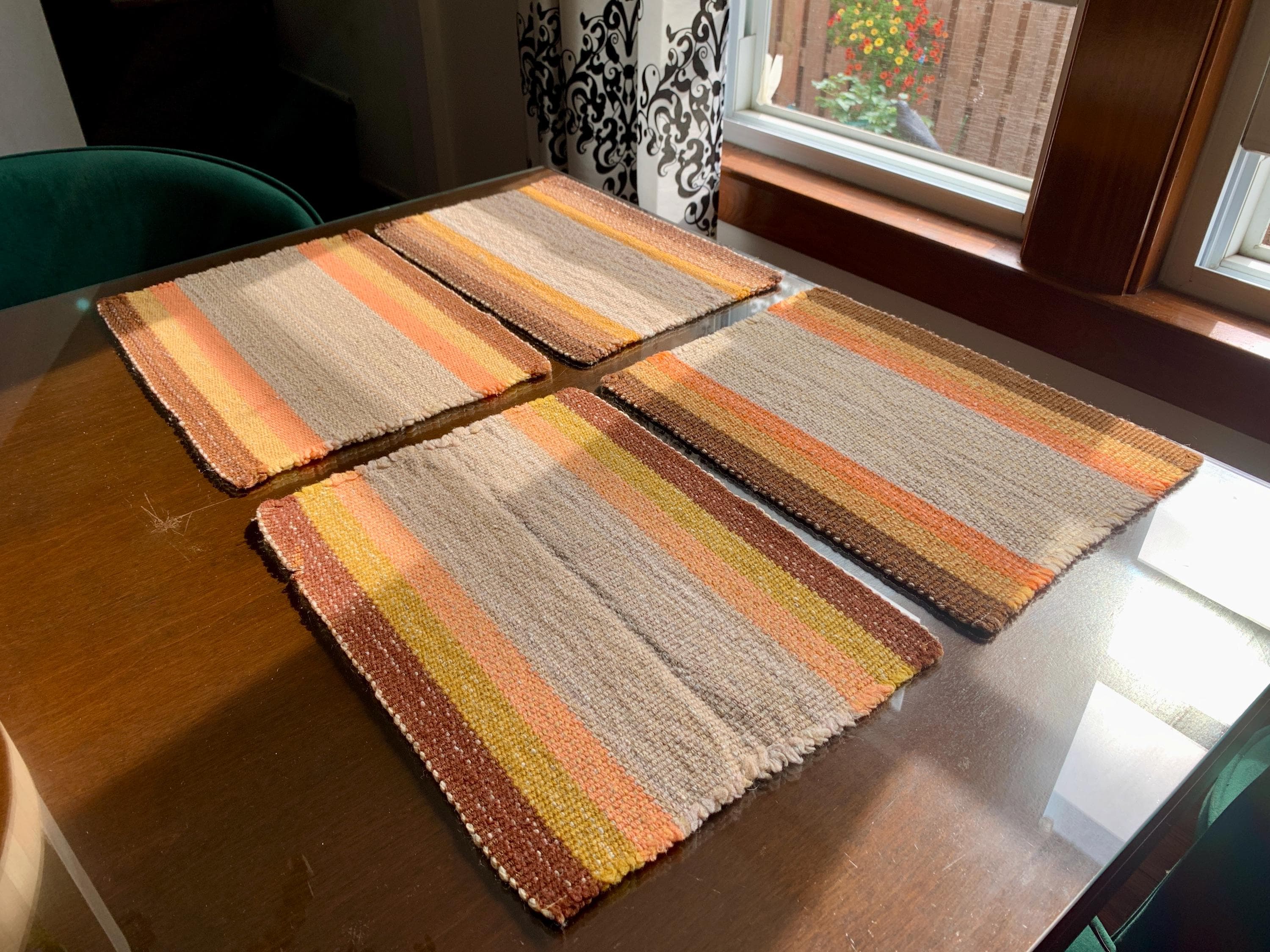 Unused Vintage Set of Four 15.5”x 10.5” Rectangular Handwoven Wool/Burlap Neutral Toned Placemats w/Retro Stripe Design; MCM Boho Home Decor
