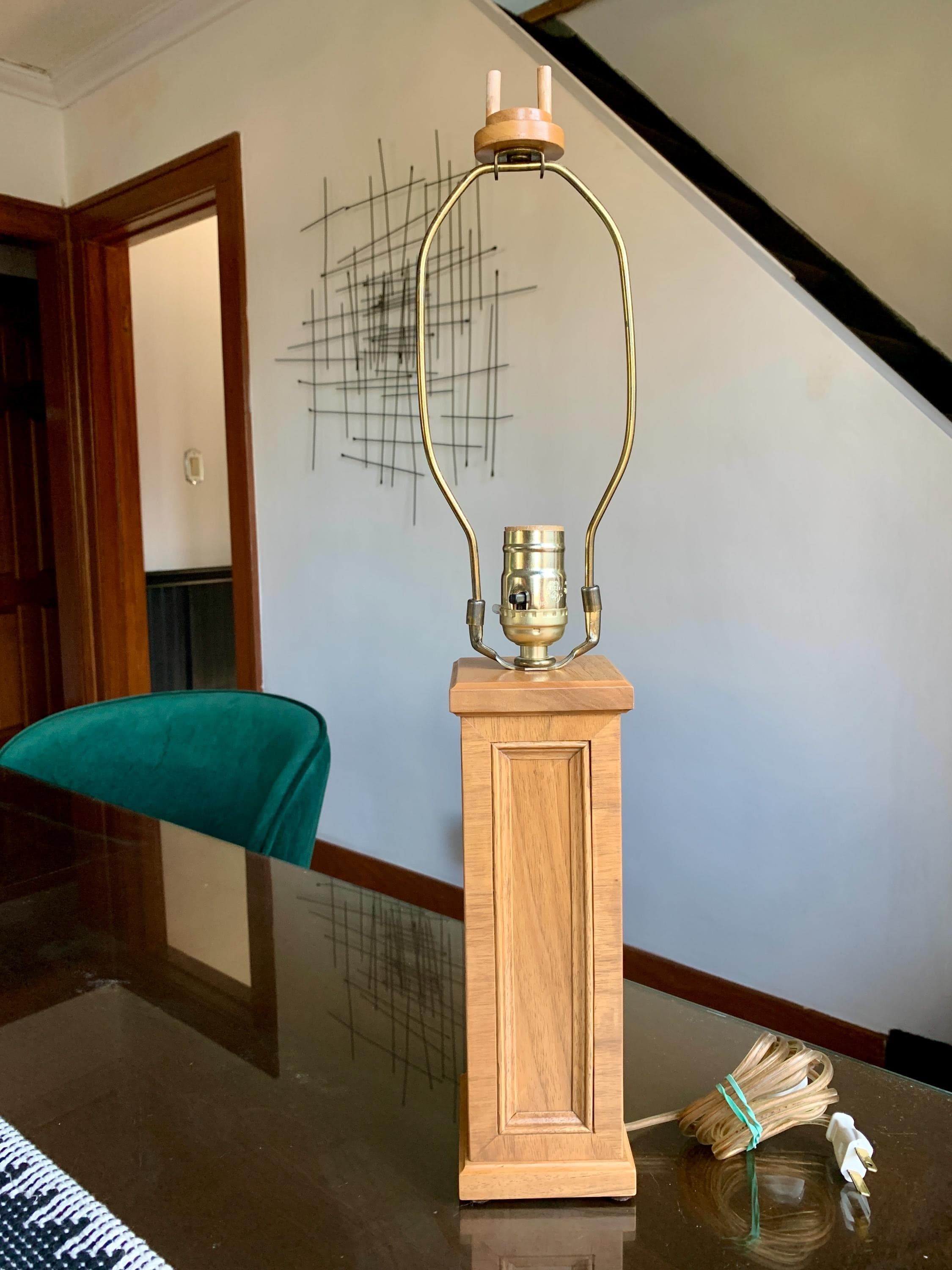 Vintage 21 3/4”x 3 1/2” FREDERICK COOPER? American Made Solid Oak Rectangular Architectural Wood Column Table Lamp w/Brass Harp & Wood Cap
