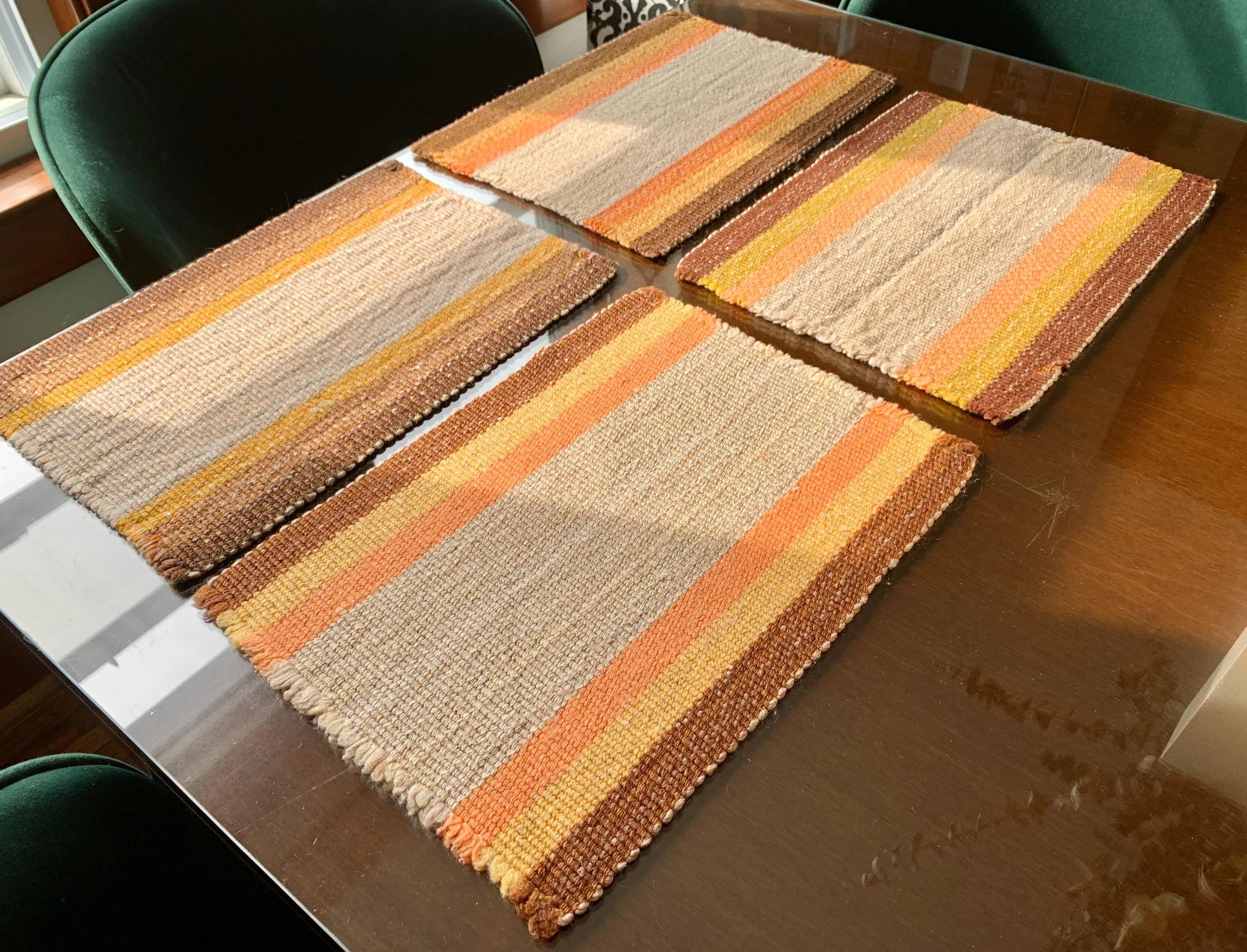 Unused Vintage Set of Four 15.5”x 10.5” Rectangular Handwoven Wool/Burlap Neutral Toned Placemats w/Retro Stripe Design; MCM Boho Home Decor - image 4