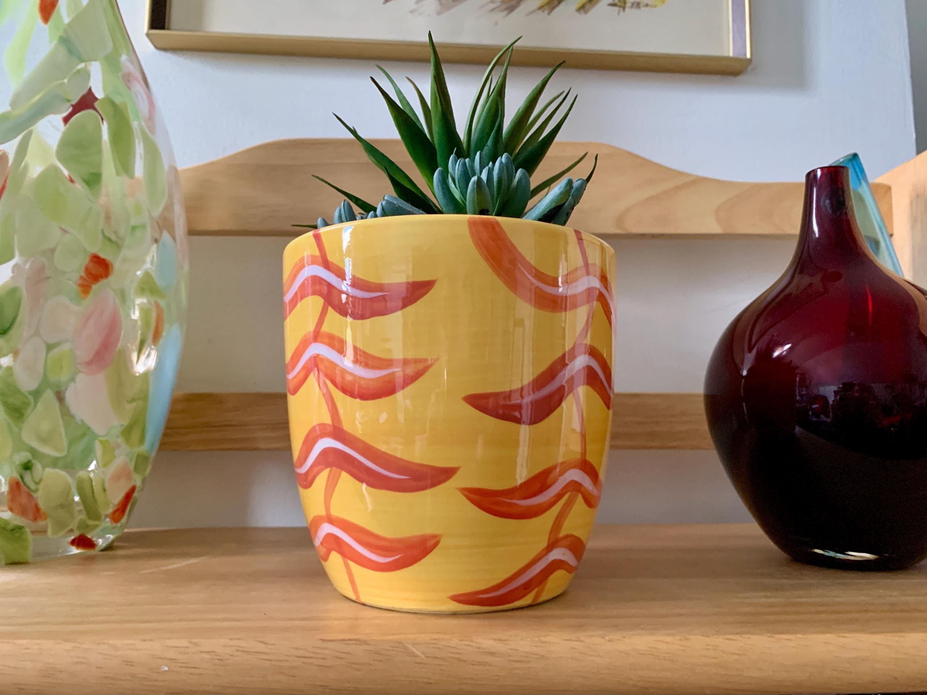 Vintage 5 5/8“x 5 5/8” Hand-Painted IKEA of Sweden “RAGO” Stoneware Plant Pot/Vase in Vibrant Yellow w/Abstract Pumpkin Orange Motif c.1990s